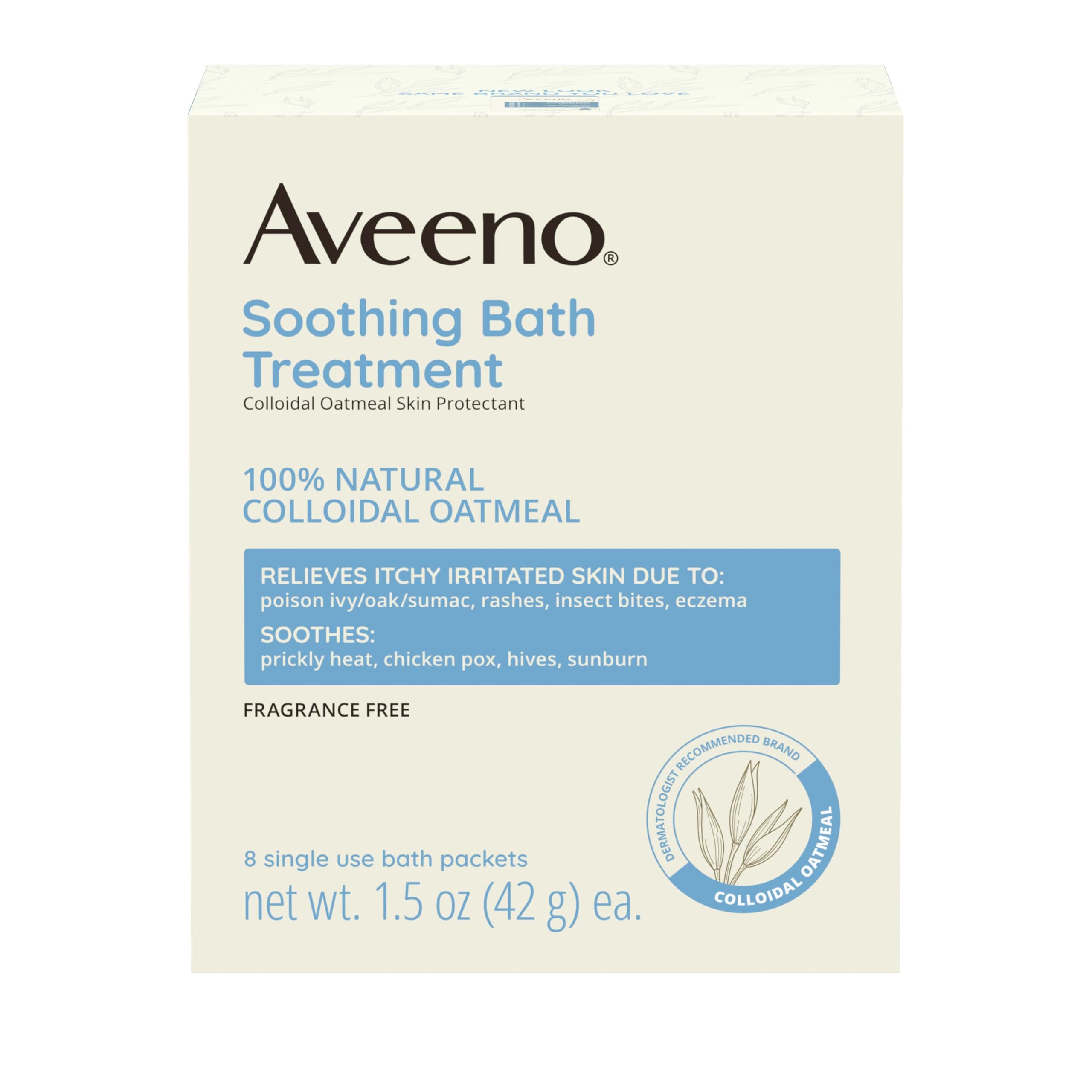 Aveeno Fragrance-Free Soothing Bath Treatment & Soak for Soothing Relief, 100% Colloidal Oatmeal, Relieves Itchy, Irritated Skin Due to Eczema, 8 Single-Use Bath Packets