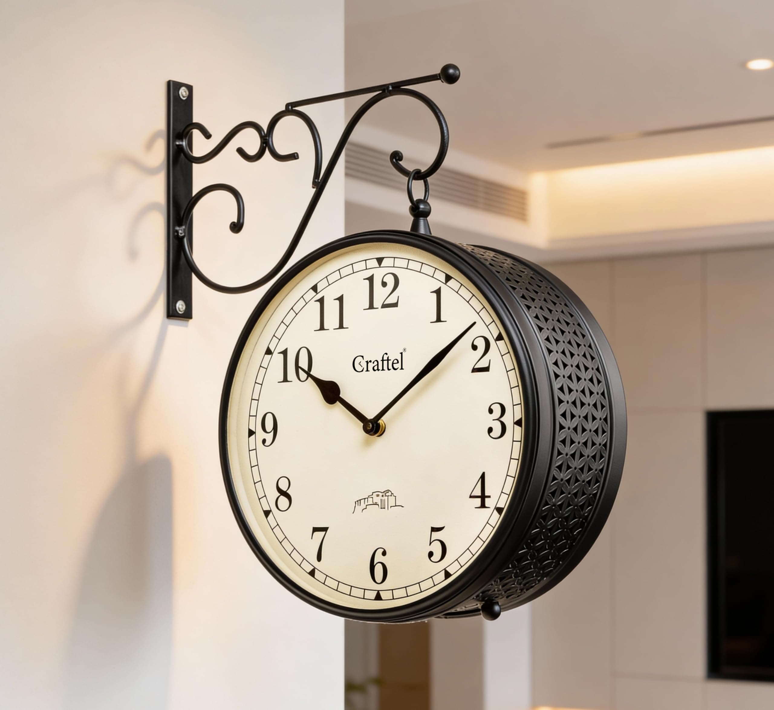 Metal Analog Double Sided Vintage Station Wall Clock (Dial - 10 Inches, Matte Black)
