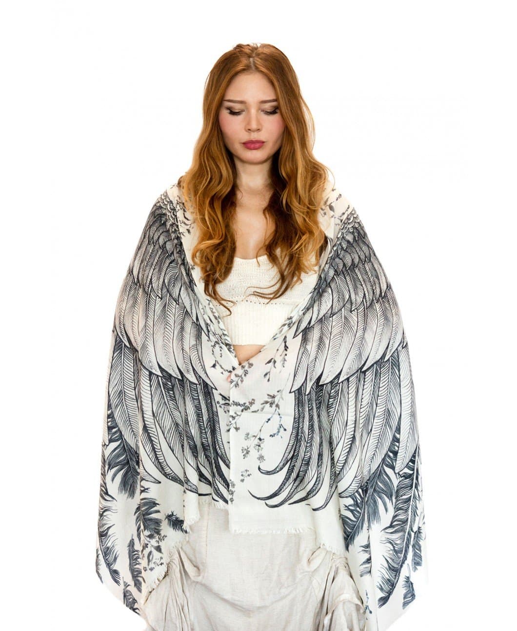 Delicately Hand Painted Silk & Cashmere White Bird Feather Wrap Scarf