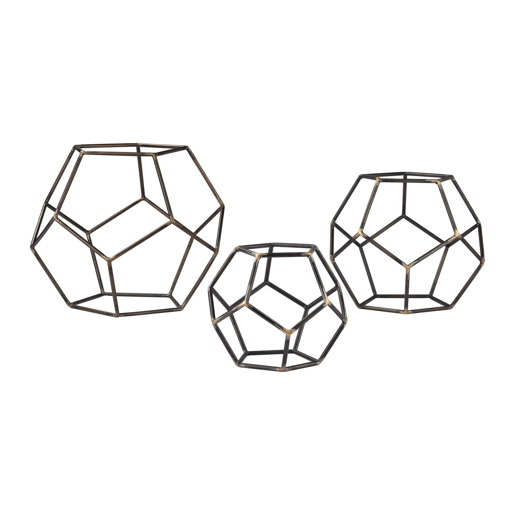 Set of 3 Geometric Orbs in Grey Iron, Gold Highlight