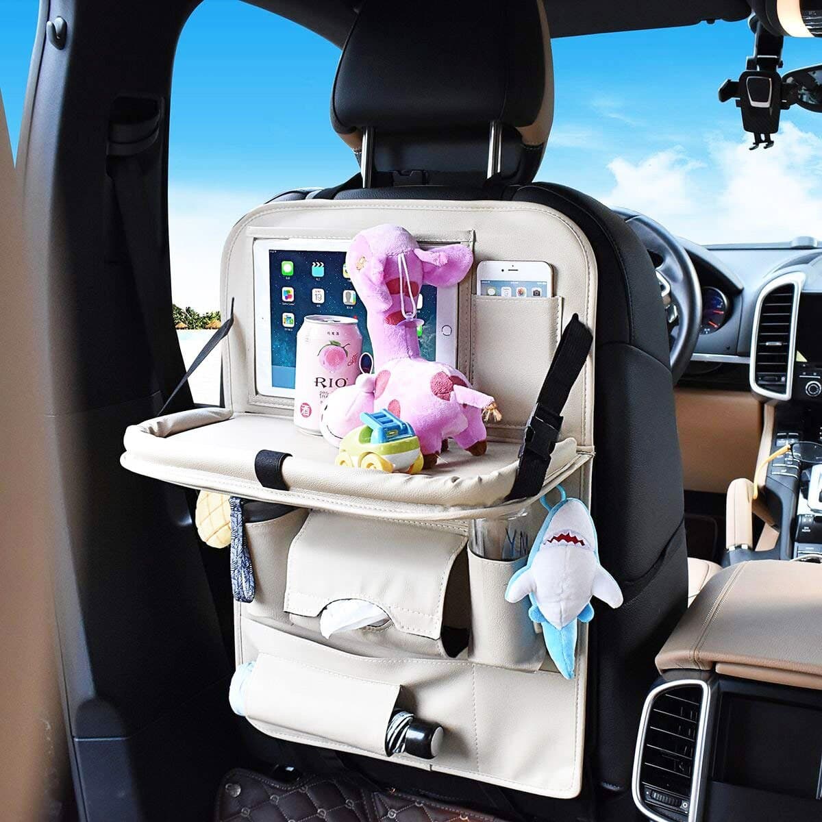 SUASI PU Leather Backseat Car Organizer for Baby with Tray Foldable Dining Table Desk Back Seat Tablet Ipad Holder Tissue Storage Bag Pockets for Kids Travel (1 Pack Beige)