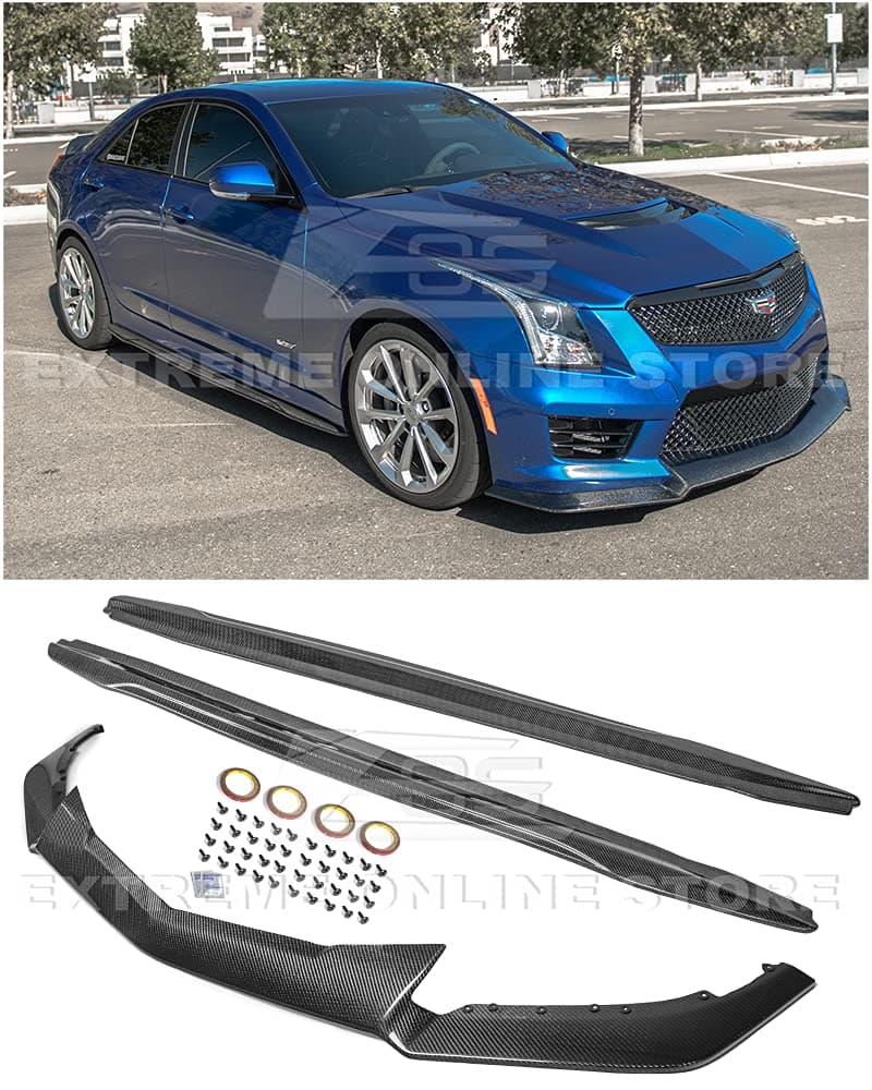 Replacement For 2016-2019 Cadillac ATS-V | Carbon Package Style CARBON FIBER Front Bumper Lower Lip Splitter With Side Skirts Rocker Panel Pair