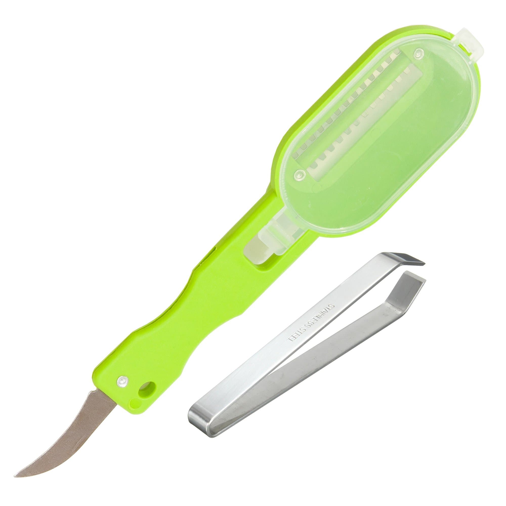 Ken Stainless Steel Fish Bone Remover Tweezers and Fish Scale Scraper with a no Mess Safety lid and a Multipurpose Cutting & Gutting Knife (Green)