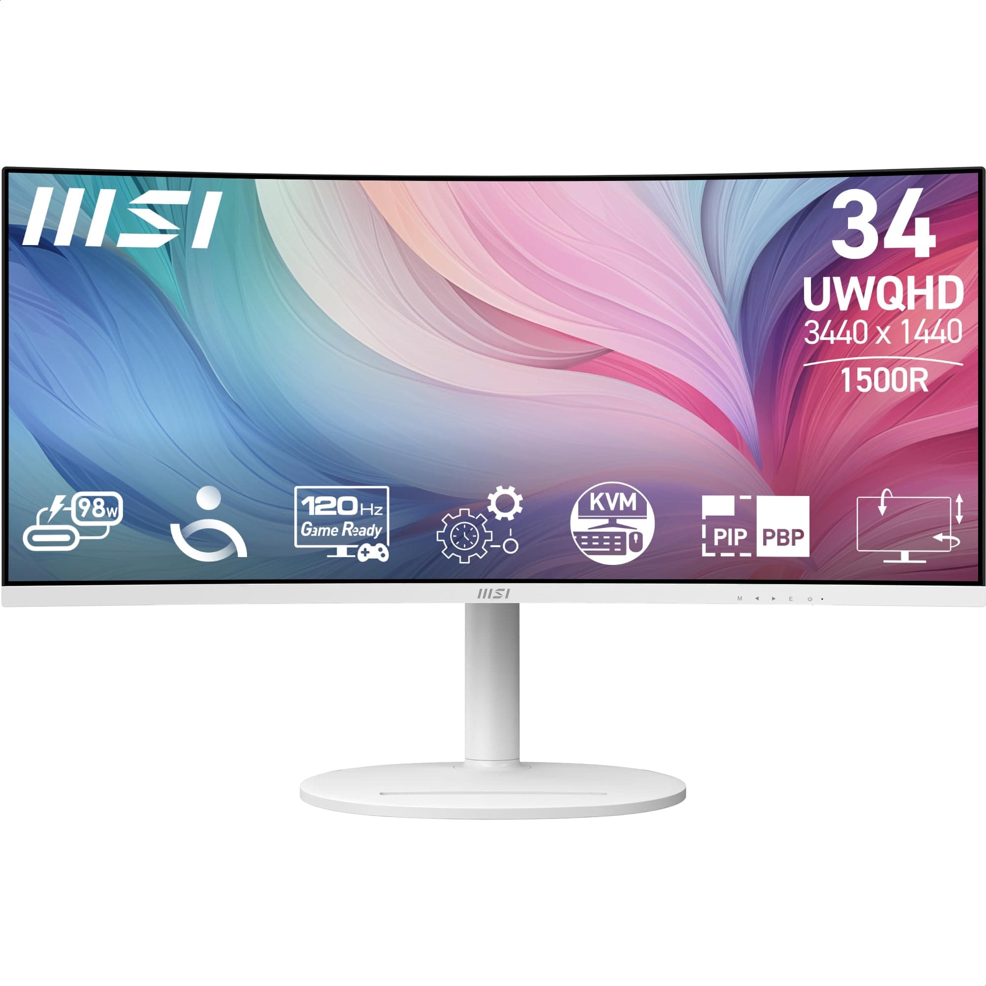 MSI Modern MD342CQPW 34" VA 3440 x 1440(UWQHD) Computer Monitor 120Hz 1800 Curved Adaptive Sync HDMI DP USBC 98W Power Delivery KVM Height Adjustable VESA Speaker 1ms White