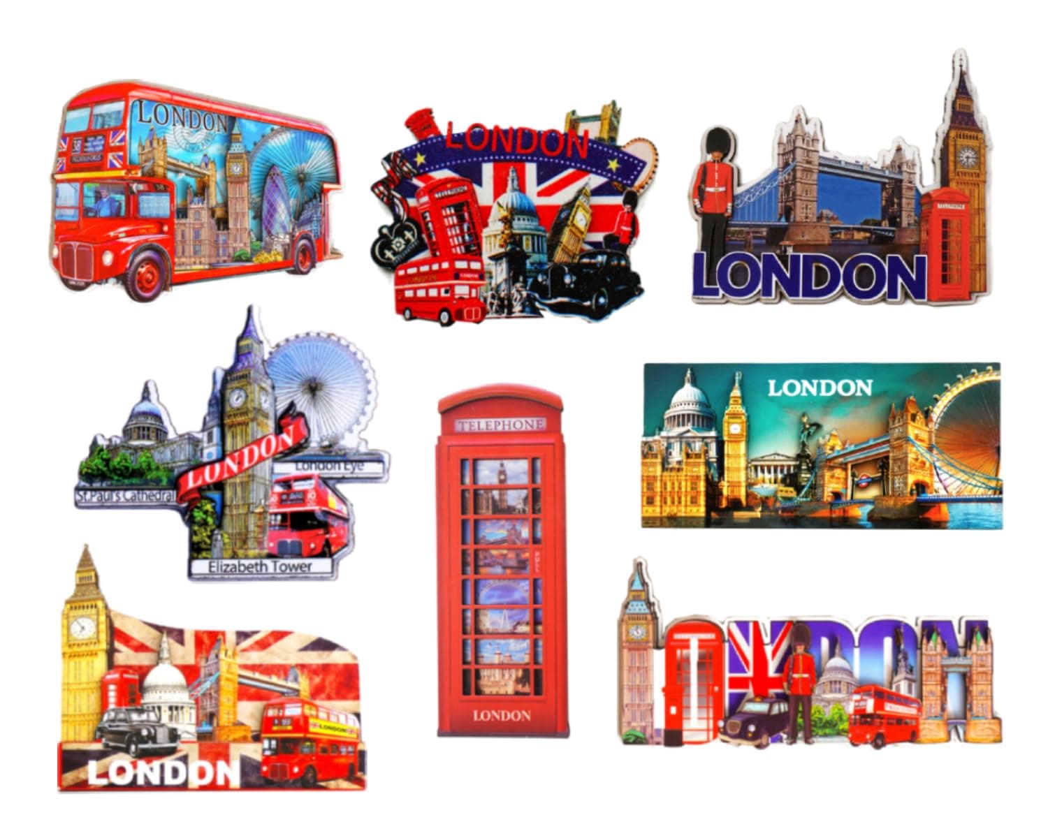 Famous London Icons Mix UK London Souvenir Set of 8 Wooden Fridge Magnets
