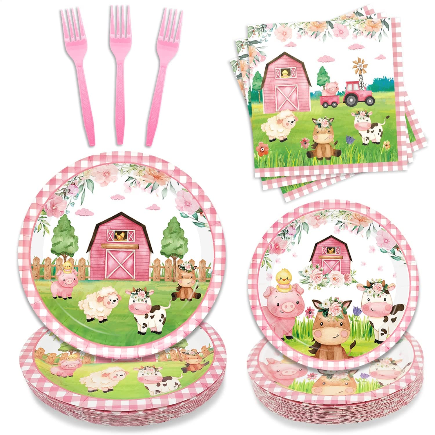 Oigco 96PCS Farm Animals Party Supplies Tableware Set Farm Birthday Party Barn Animal Theme Party Cute Pink Animal Baby Shower Dessert Plate Dinner Plate Paper Napkins Forks Dinnerware for 24 Guests