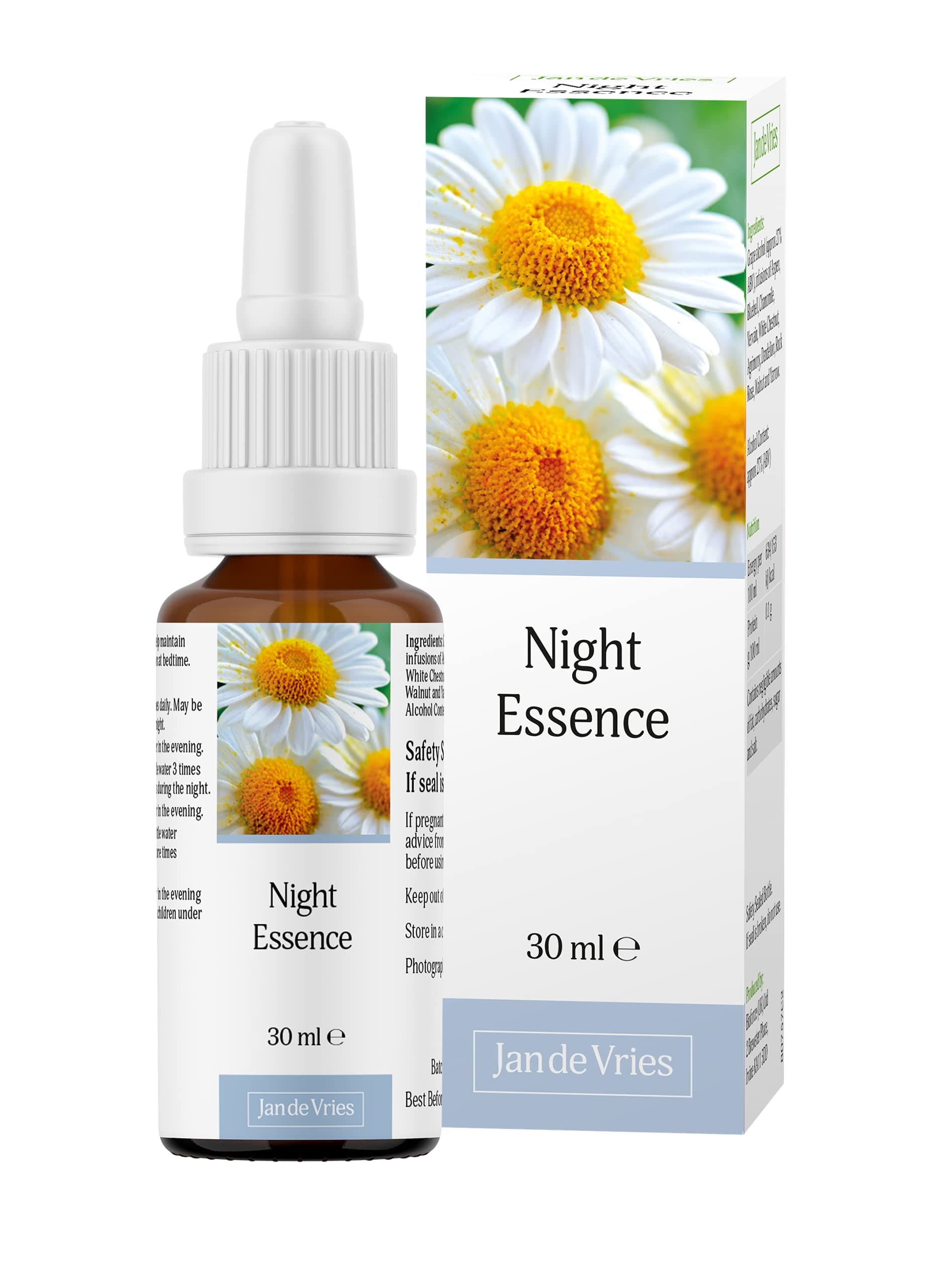 Jan De Vries Night Essence | Promote Better Sleep | Flower Essence | Quieten an Over-stimulated Mind | Contains Chamomile, Aspen & Bluebell | 30ml