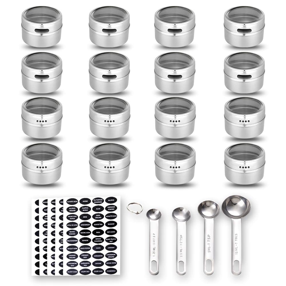 16 Magnetic Spice Tins, 200 Spice Labels, 4 Stainless Steel Measuring Spoons Magnetic Spice Containers Organizer Storage Condiment Jar Set of 16, Clear Lid, Sift and Pour