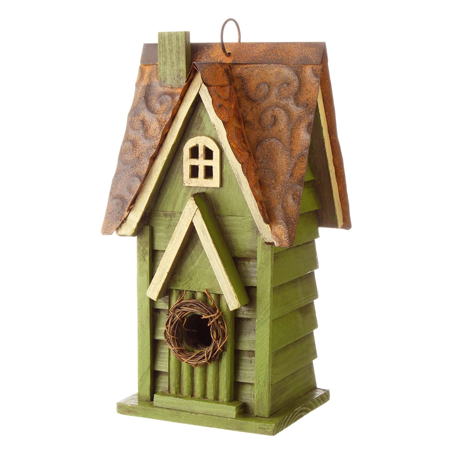 Glitzhome 12" H Green Hanging Distressed Solid Wood Garden Bird House Decorative Birdhouse