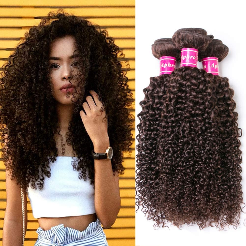 Aphro Brazilian Brown Curly Hair Weave 3 bundles Remy Hair Extensions Kinky Curly Virgin Hair For Black Women 2# dark brown(14 16 18)