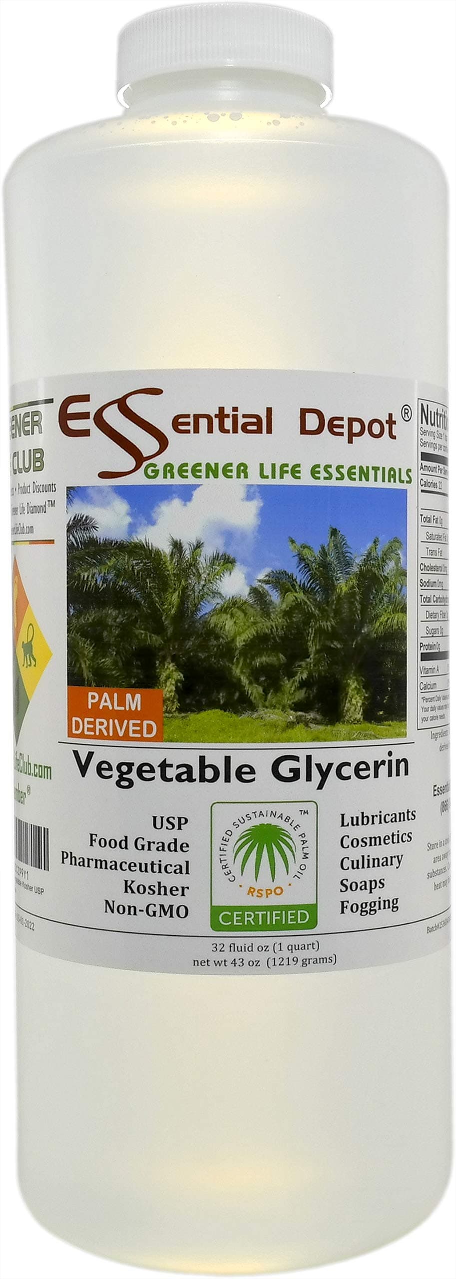 Vegetable Glycerin - 1 Quart - VG from RSPO Sustainable Palm - Non GMO - Kosher - USP - Food Grade - Kosher - Halal Acceptable - Pharmaceutical Grade - Safety Sealed Resealable HDPE Container