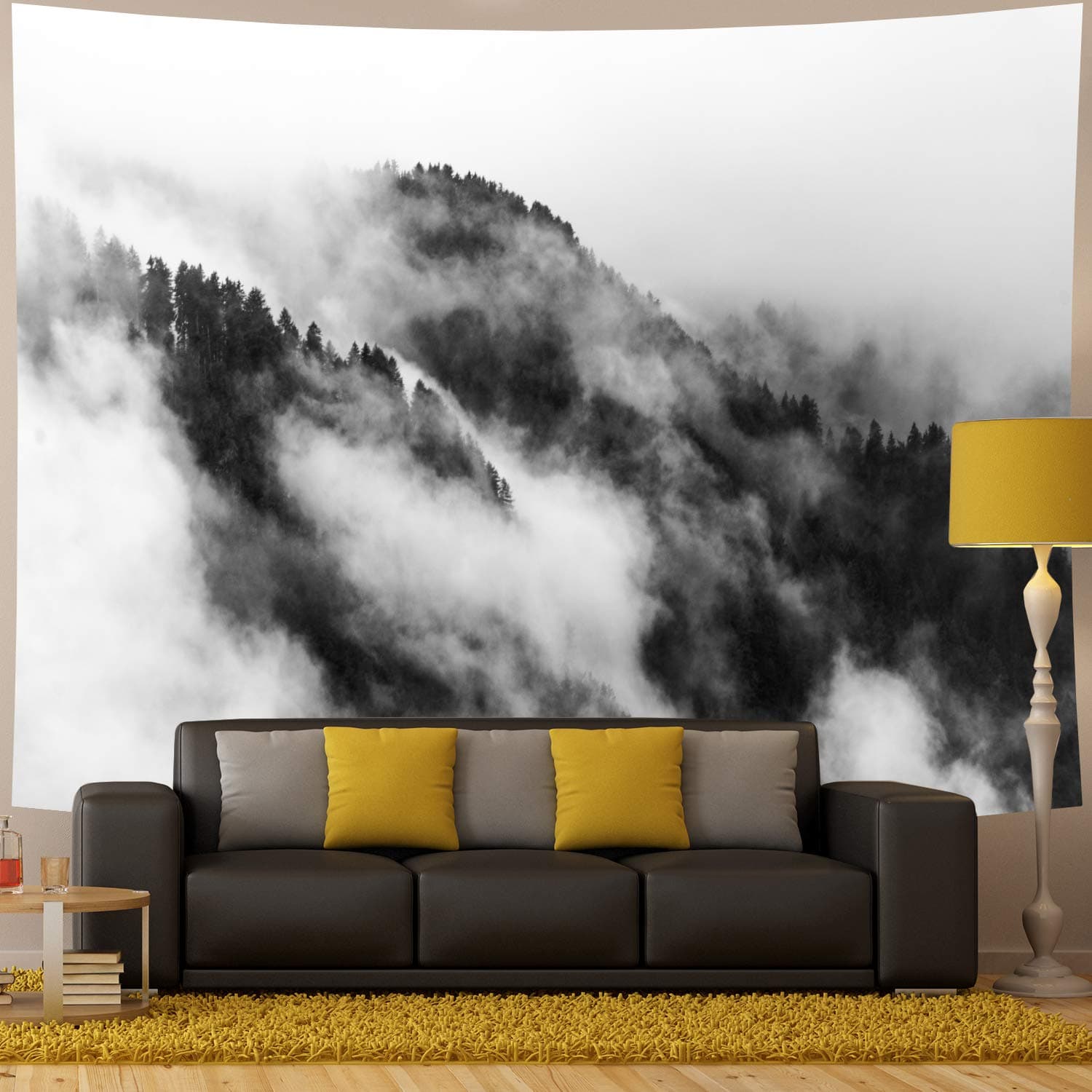 Amhokhui Misty Forest Tapestry Mountain Tapestry Black and White Tapestry Wall Hanging Fantastic Fog Magical Trees Tapestry 3D Vision Nature Landscape Tapestry (Misty, 59"×78")