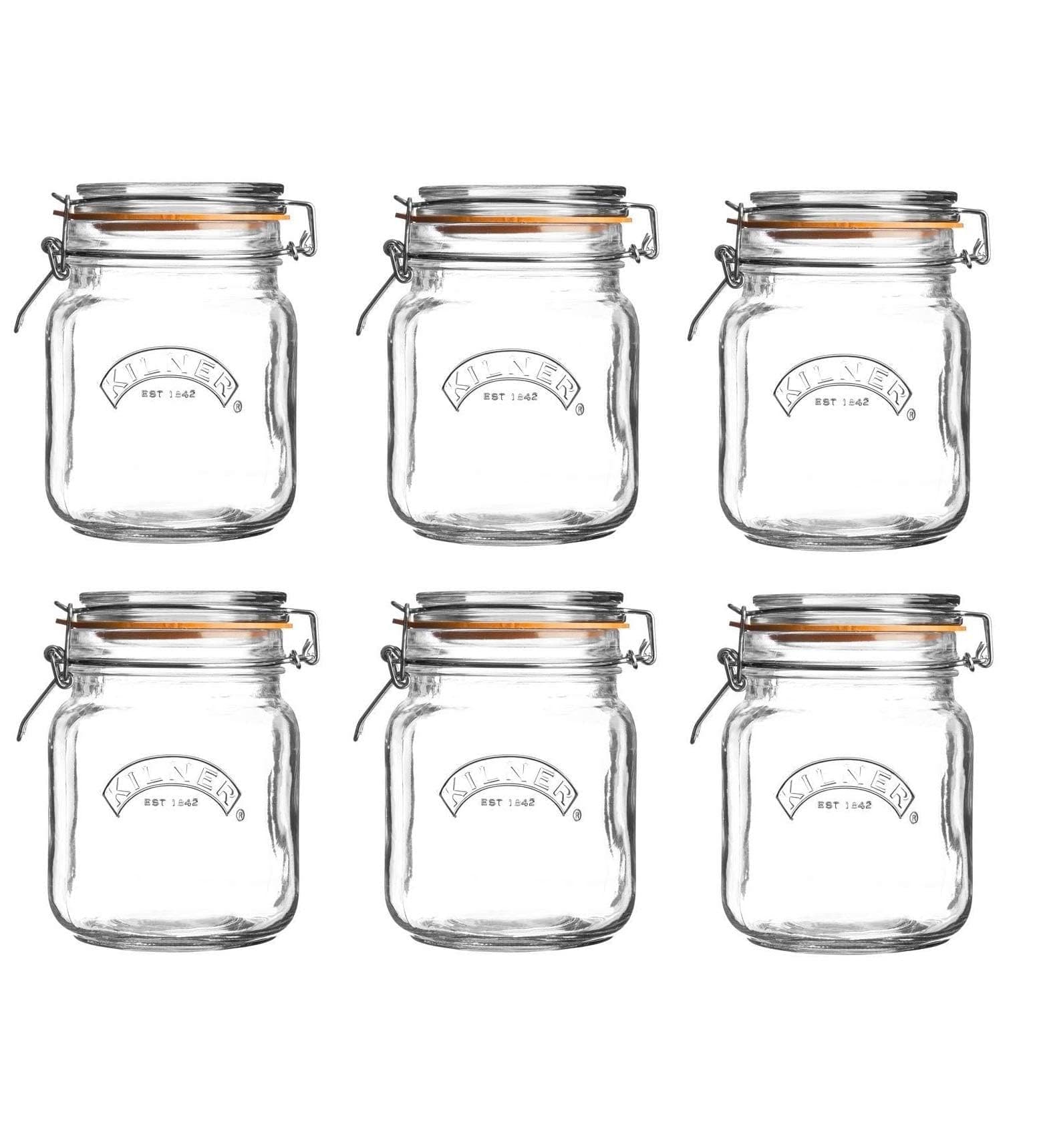 6 x Kilner Clip Top Glass Storage Jar - Square 1 Litre