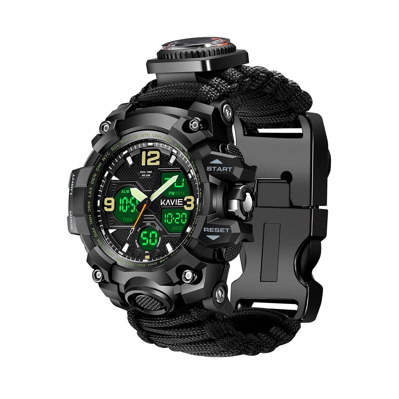 23-in-1 Survival Military Digital Watch for Men Tactical Multifunction Adjustable Wristband Outdoor Waterproof Sport Dual Dial Watch with Compass Paracord Band, Black, Digital