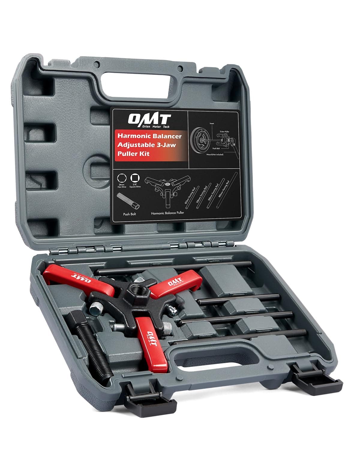 Orion Motor Tech Harmonic Balancer Puller Kit, Adjustable 3-Jaw Puller Set for Removing Harmonic Dampers & Balancers, 3-Jaw Pulley Puller Set Compatible with Chevy GM Chrysler Cadillac Ford More, Red