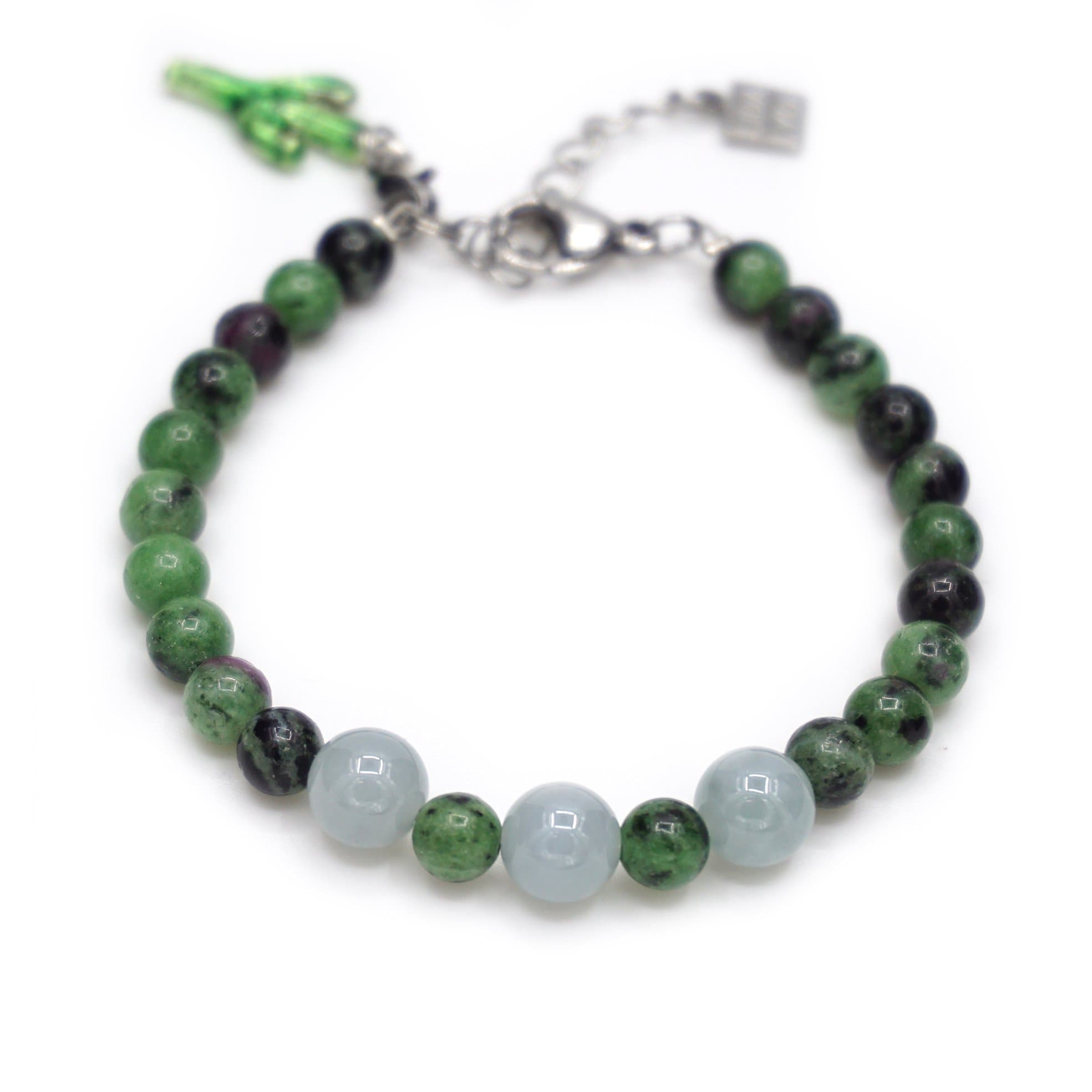 Stainless Steel Bracelet: Ruby Zoisite, Jade, Small Enamel Pendant.