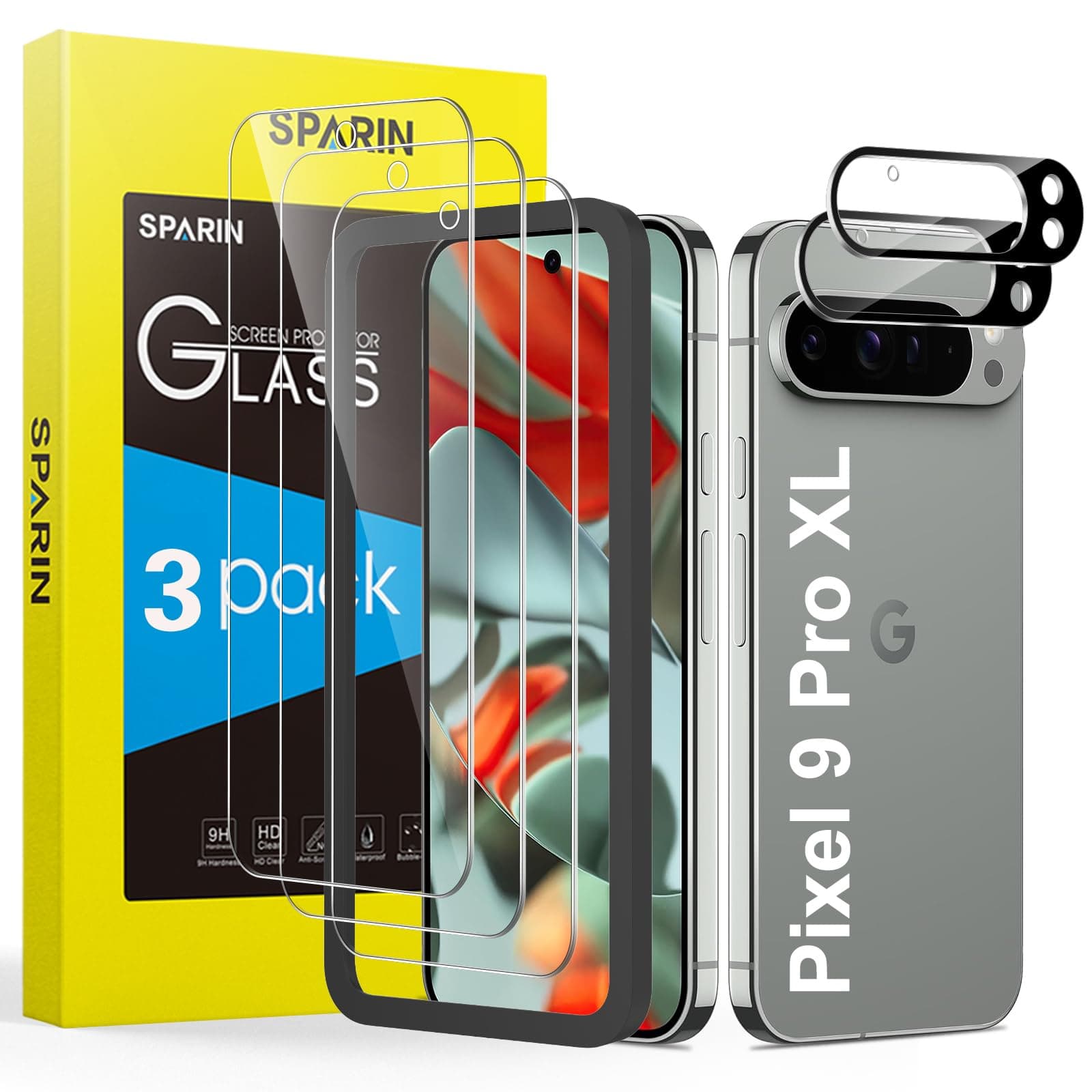 SPARIN Screen Protector for Google Pixel 9 Pro XL,[3+2 Pack] Pixel 9 Pro XLTempered Glass & 2 Pack Camera Lens Protector, Case Friendly/Alignment Frame, 6.8 Inches