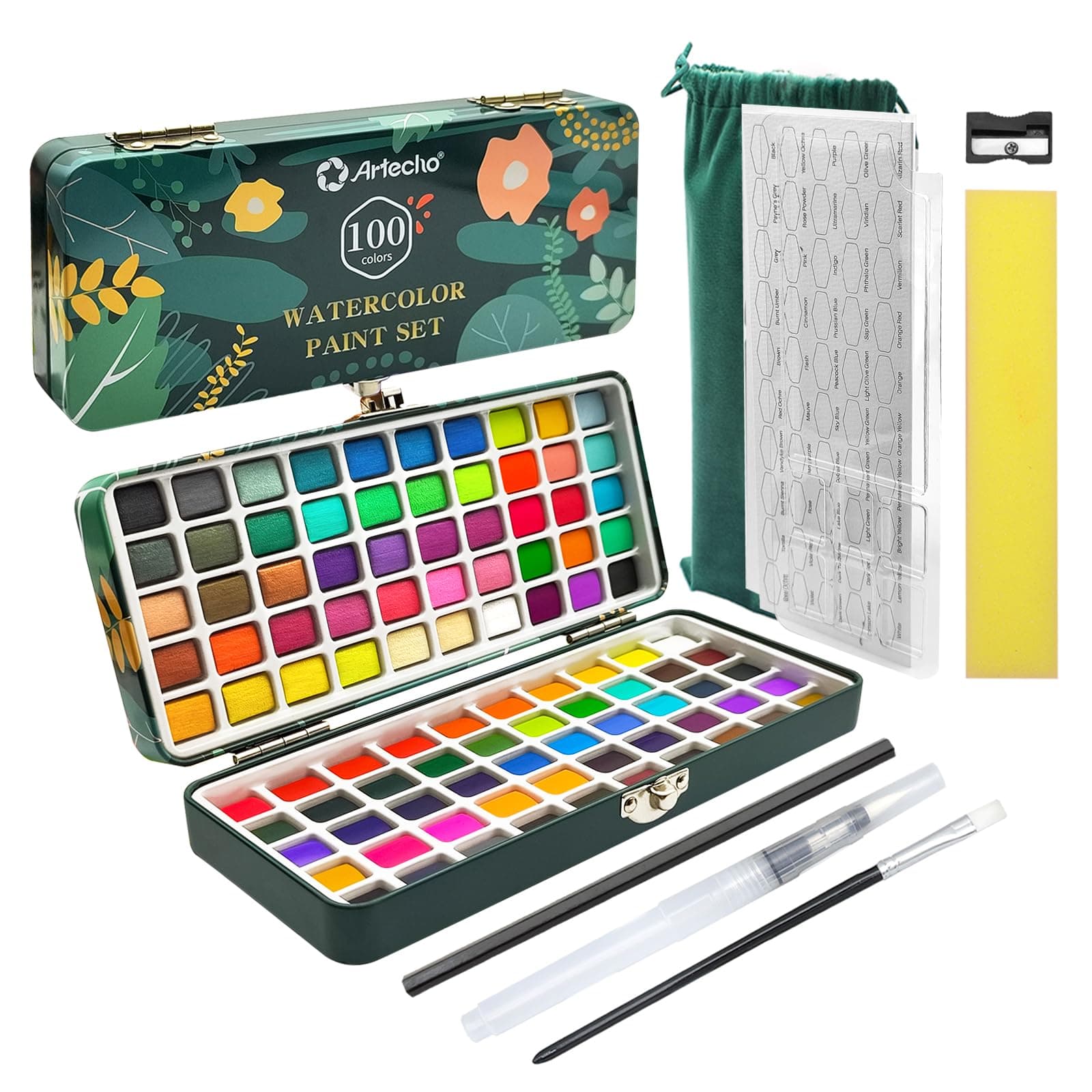 Artecho Watercolor Paint Set 100 Colors with Metallic in Portable Box, Paint Kit with Watercolor Papers and Brushes, Water Color Set for Beginners & Professionals