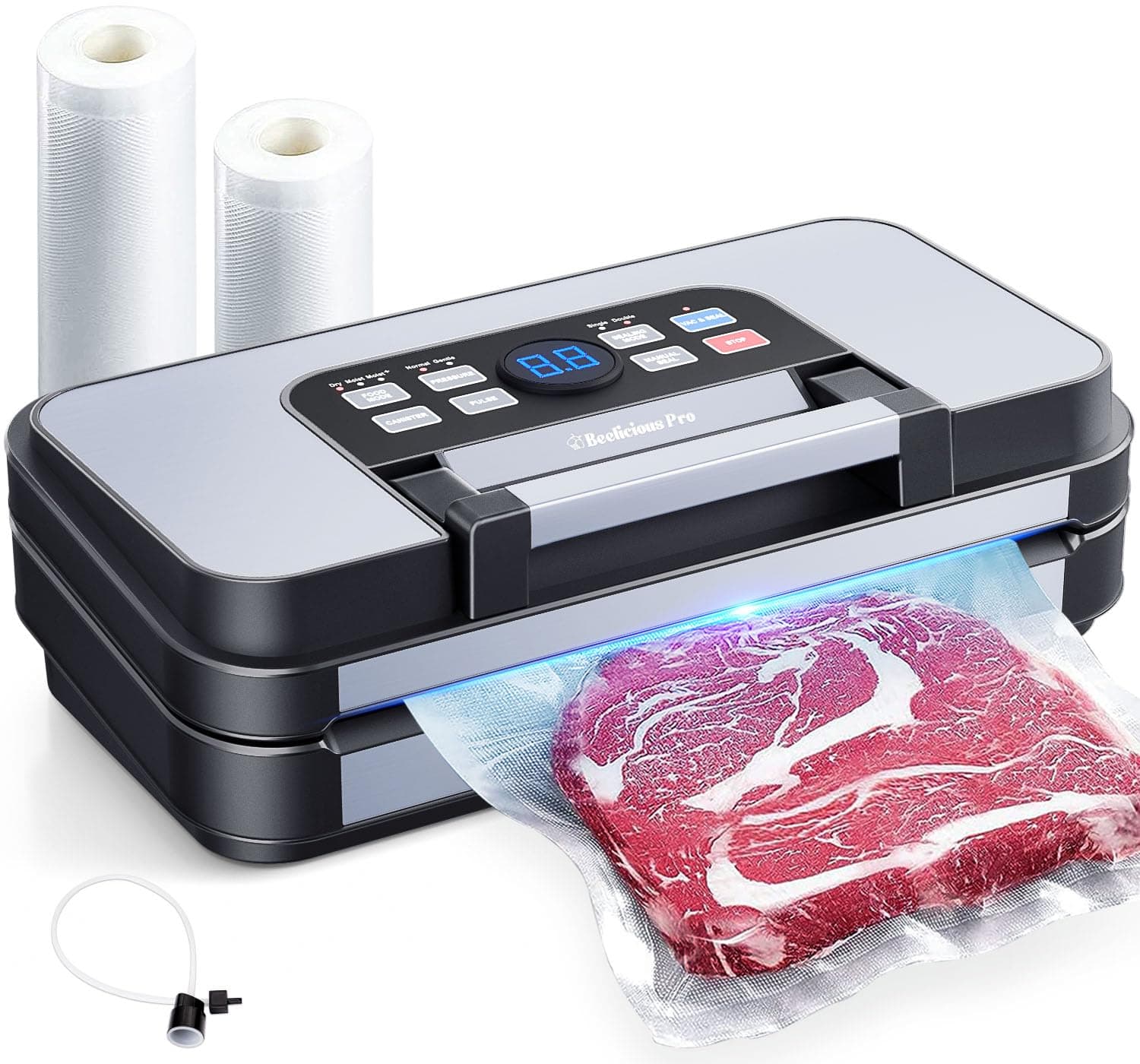 95Kpa Powerful Precision Pro Vacuum Sealer, with 10-in-1 Functions, Easy-Lock Handle, Double Heat Seal & Double Pump, Vacuum Sealer Machine for Food with Bags Storage, Built-in Cutter, Stainless Steel