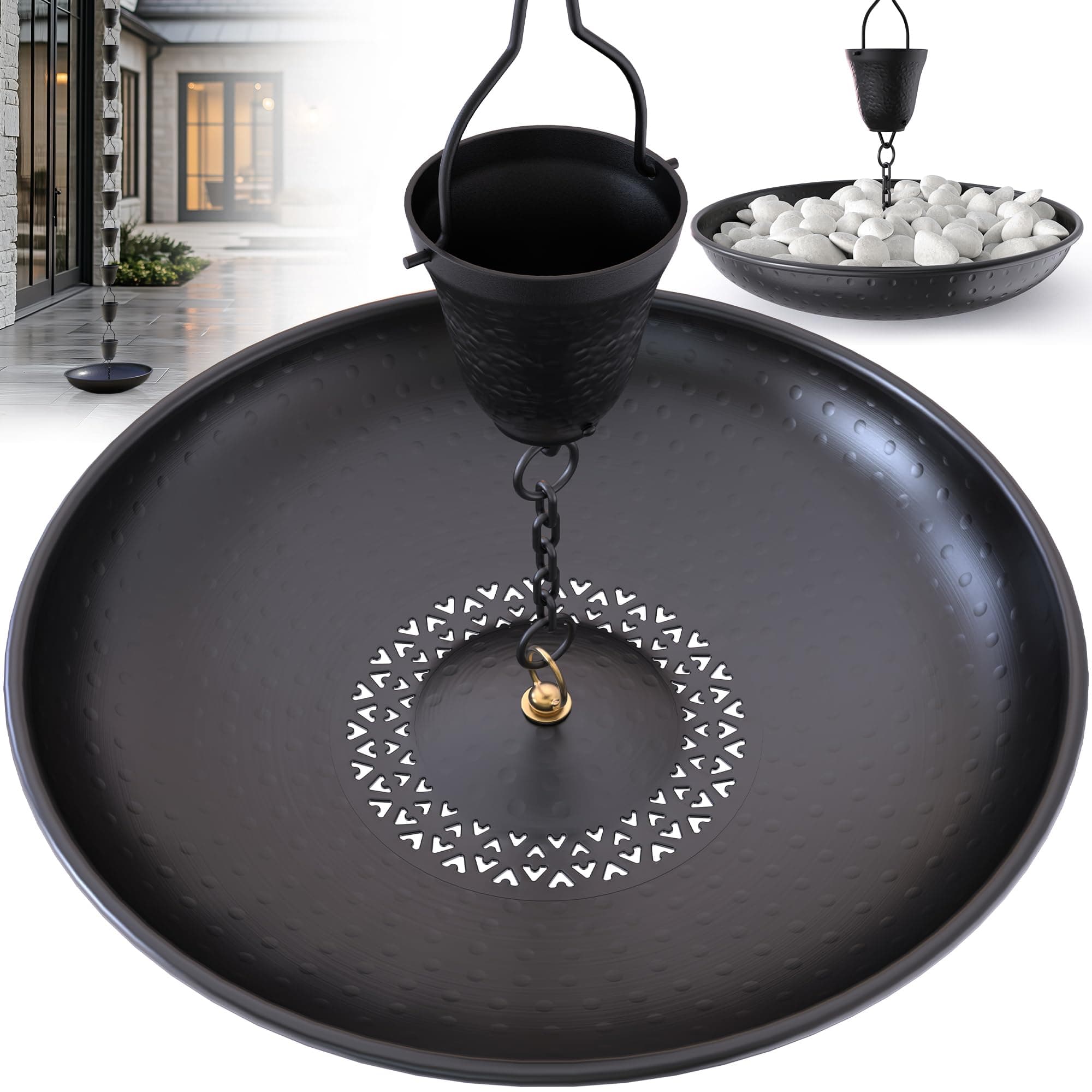 Rain Chains Direct - 15.25” (inches) Hammered Rain Chain Anchoring Basin with Drain to Prevent Standing Water and Soil Erosion