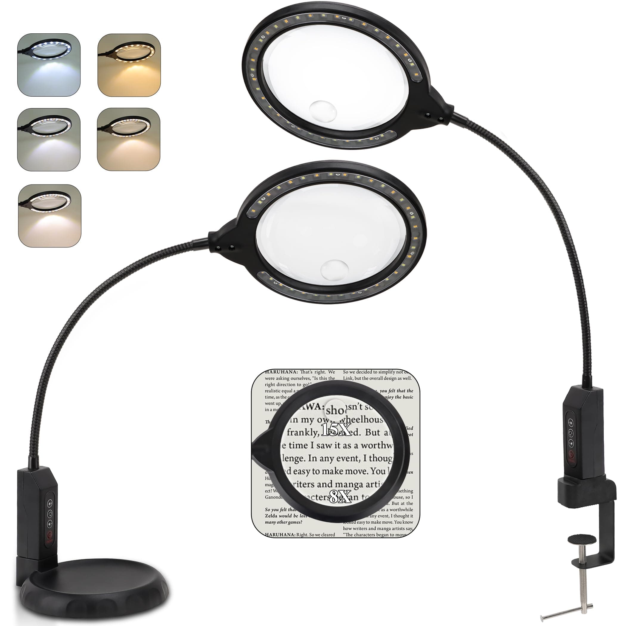 Nazano 2-in-1 Magnifying Lamp, 5 Lighting Modes Stepless Dimmable LED Magnifying Clamp Desk Lamp, 8X Desk Lighted Hands Free for Craft Close Work Mini Painting Hobby, Black