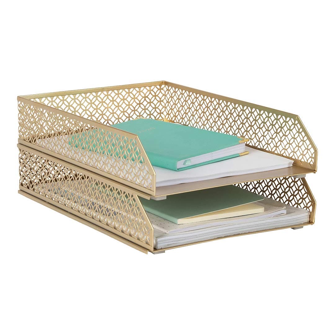 Blu Monaco Gold Desk Organizer Stackable Paper Tray Set of 2 - Metal Two Tier Tray - Stackable Letter Tray - Inbox Tray for Desk