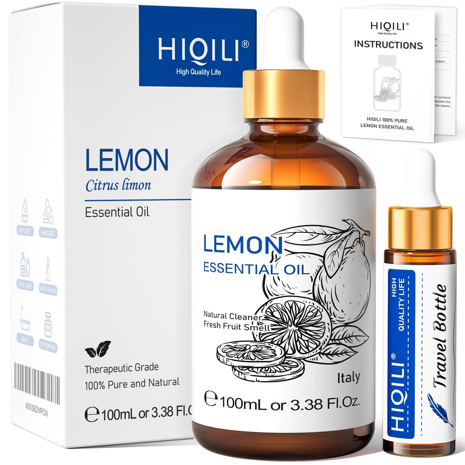 HIQILI Lemon Essential Oil for Cleaning, Aromatherapy, Skin, Add to Spray, Diffuser, DIY - 100ml