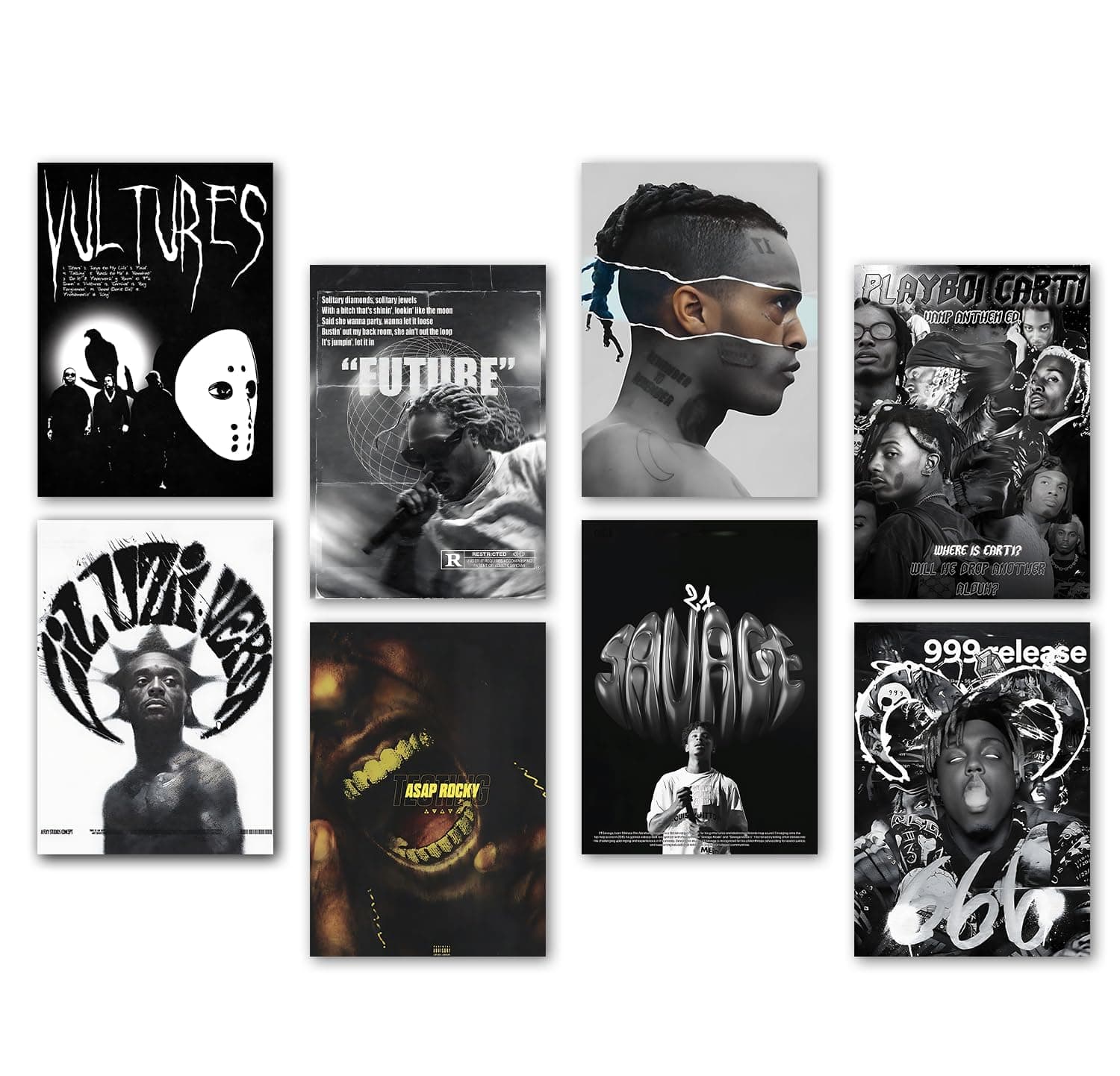Wallgasm Rapper Posters - Set of 8, 8x12 inch (A4 Size) 300 GSM | Rap Poster | Juice WRLD | 21 Savage | Playboi Carti | Future | A$AP Rocky | Lil Uzi Vert | Metro Posters