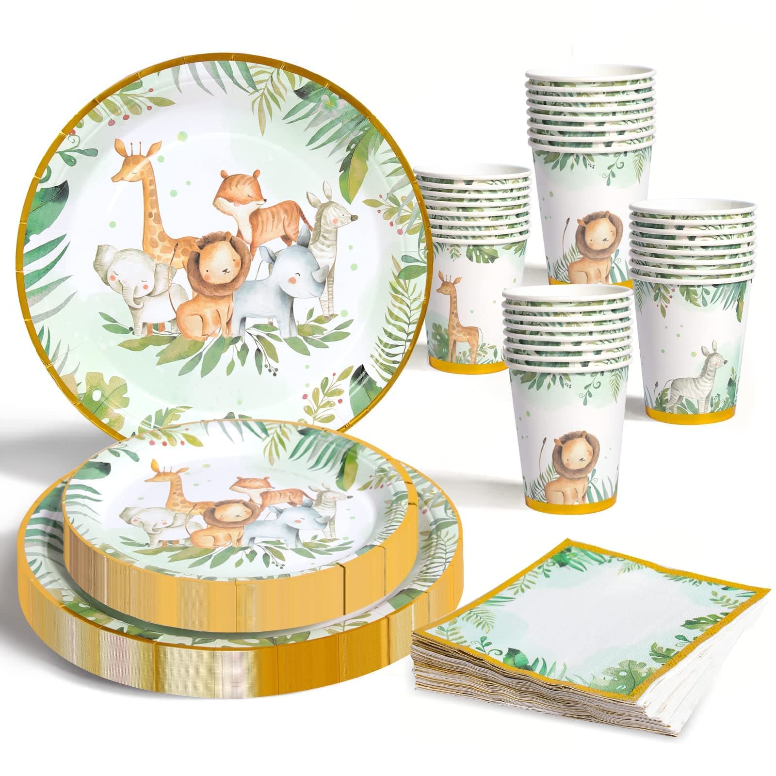 FengRise Safari Jungle Baby Shower Plates - Safari Birthday Party Supplies Paper Plates and Cups and napkins Sets for 24 Guests Animals Theme Disposable Tableware Set