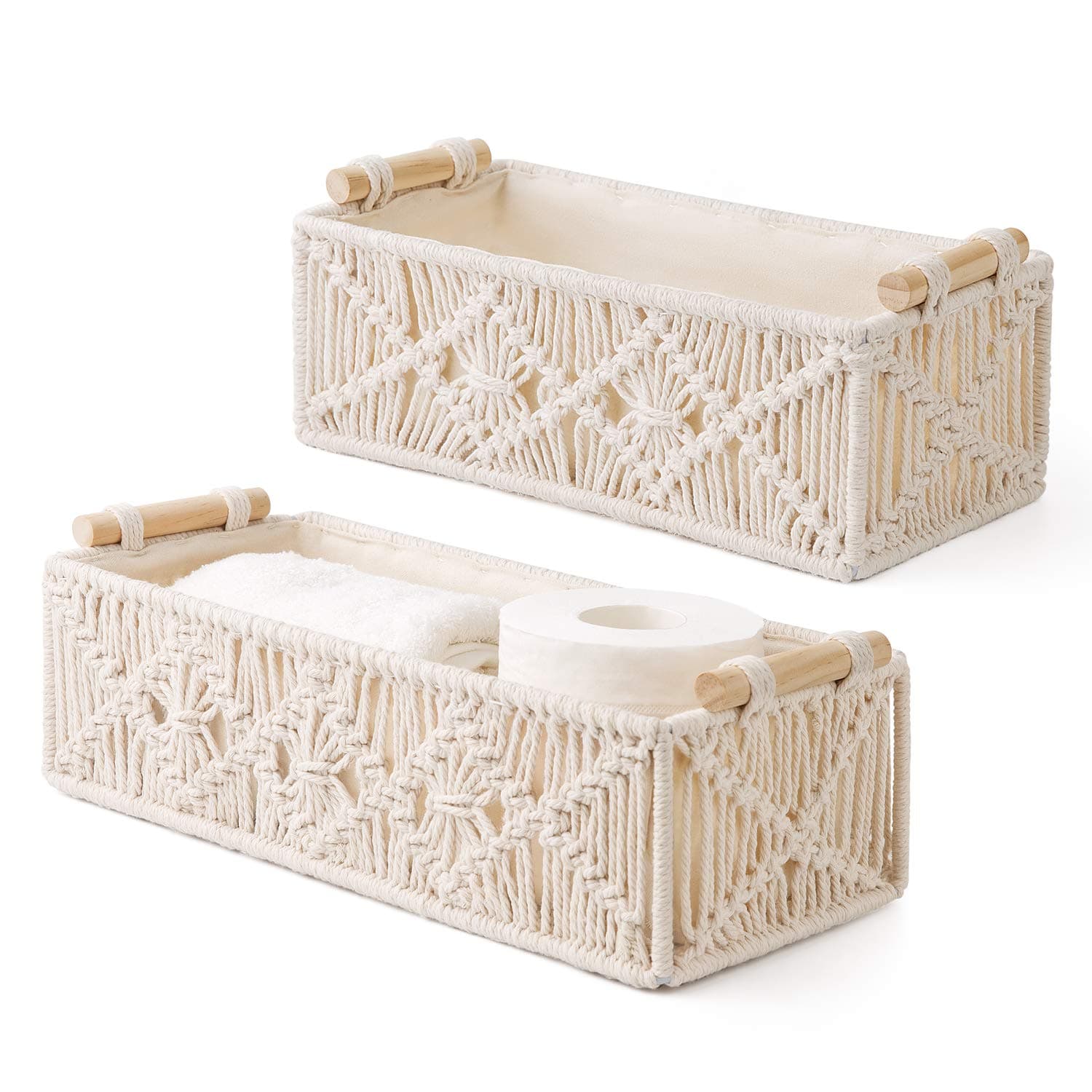 Mkono Macrame Storage Baskets Boho Decor Decoration Box Handmade Woven Decorative Countertop Toilet Tank Shelf Cabinet Organizer for Bedroom Livingroom Home, Set of 2, Ivory