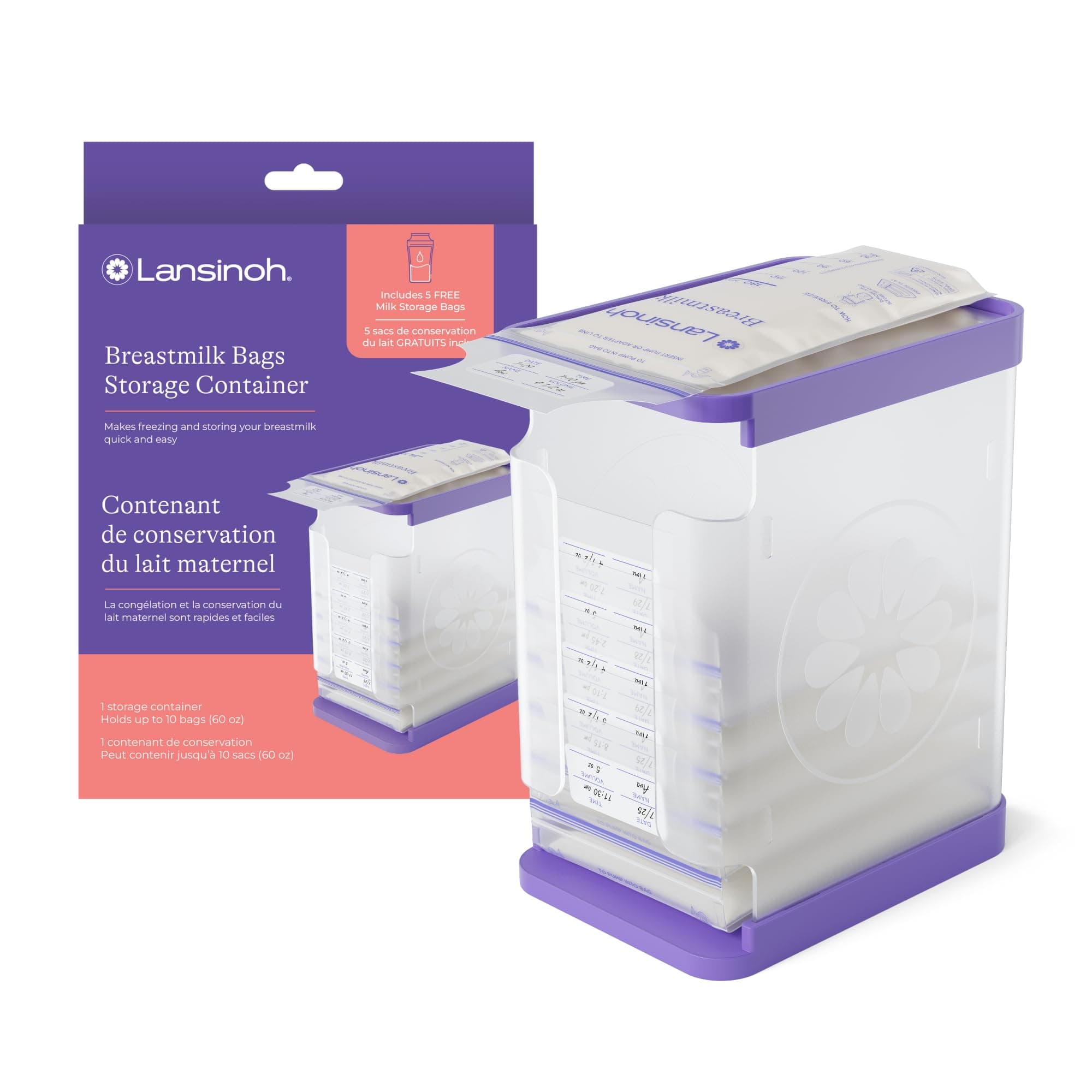Lansinoh Breastmilk Storage Container with Quick-Freeze Tray, Stores up to 10 Breast Milk Bags, Made Without BPA/BPS, Includes 5 Milk Bags