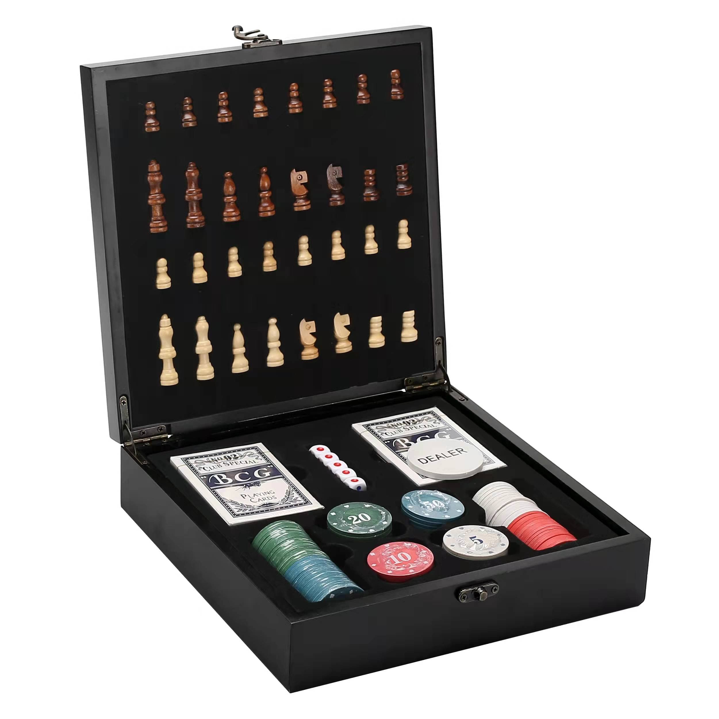 EEkiiqi Portable Travel Game Set 4 in 1 Chess Game Set Wood Chess Pieces Trave Chess Set Poker Dice/Poker Chips Family Party Entertainment Table Board Games