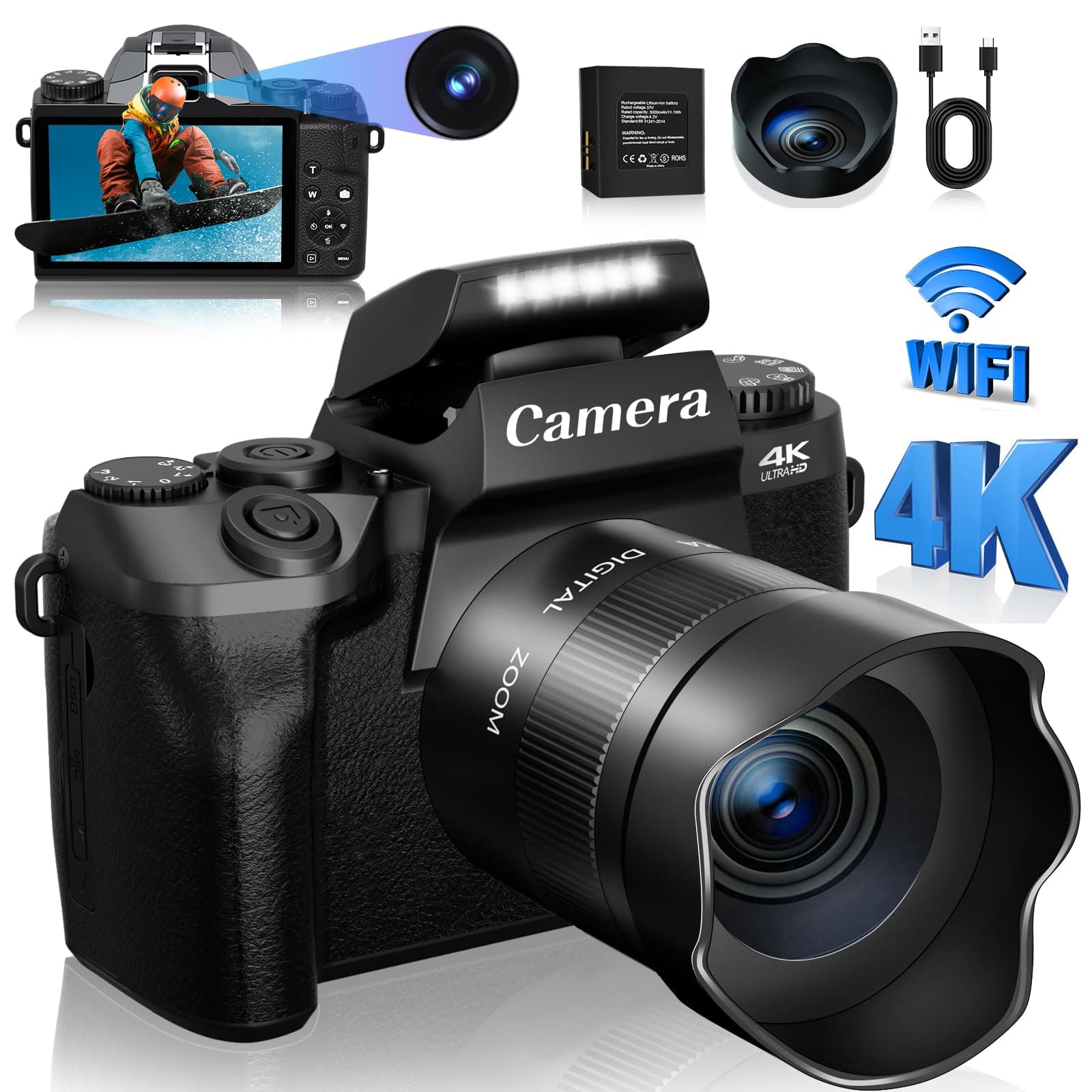 Cameras for Photography, 4K 64MP Vlogging Camera for YouTube, Autofocus Digital Camera with Large 4.0“ Touchscreen 16x Digital Zoom, Dual Camera, 3000mAH Battery, Lens Hood, 32G Memory Card, Black