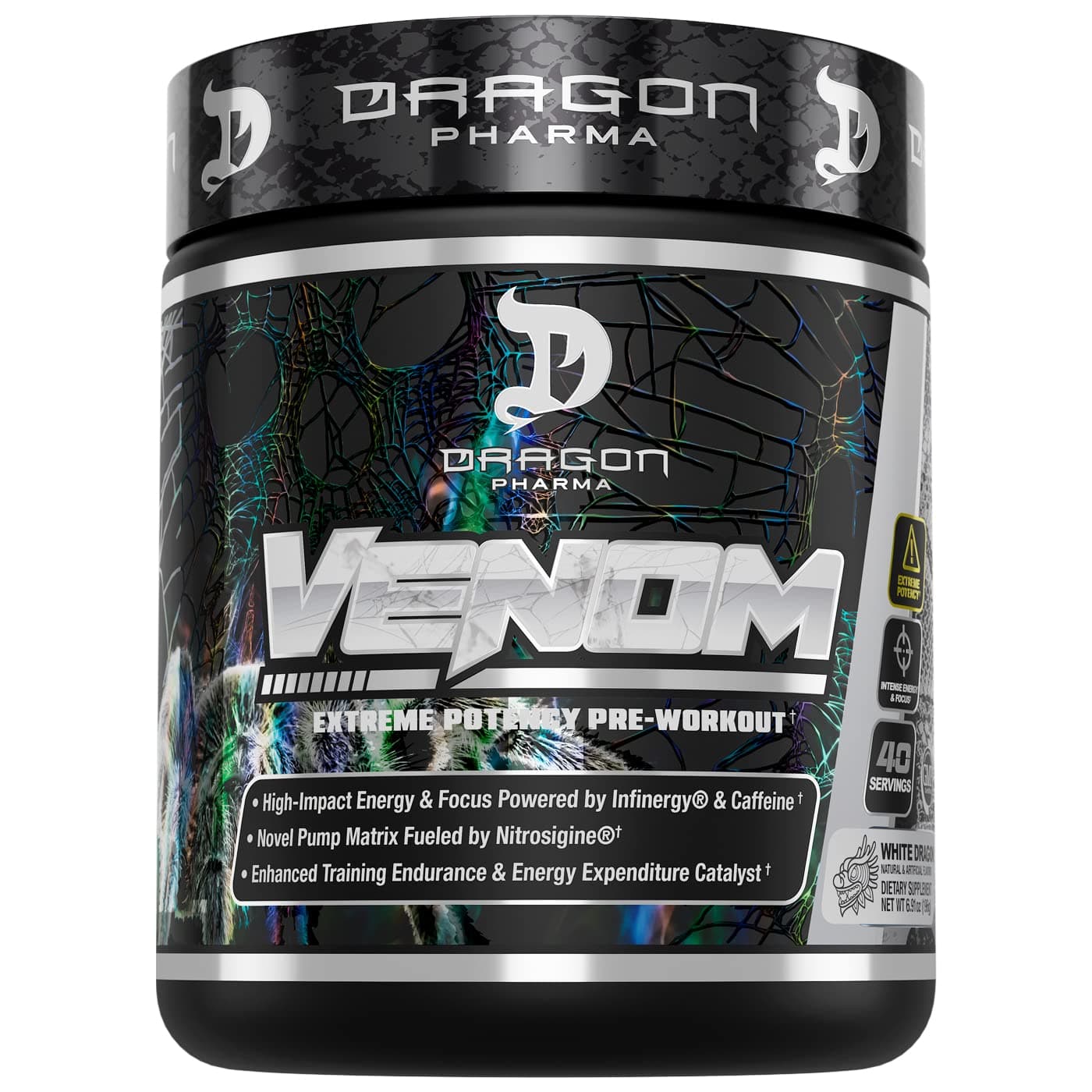 Venom Extreme Potency Pre-Workout, Laser Sharp Focus + Energy, Intense Performance, Proven Ingredients for Enhanced Vasodilation & Endurance (40 Servings, White Dragon)