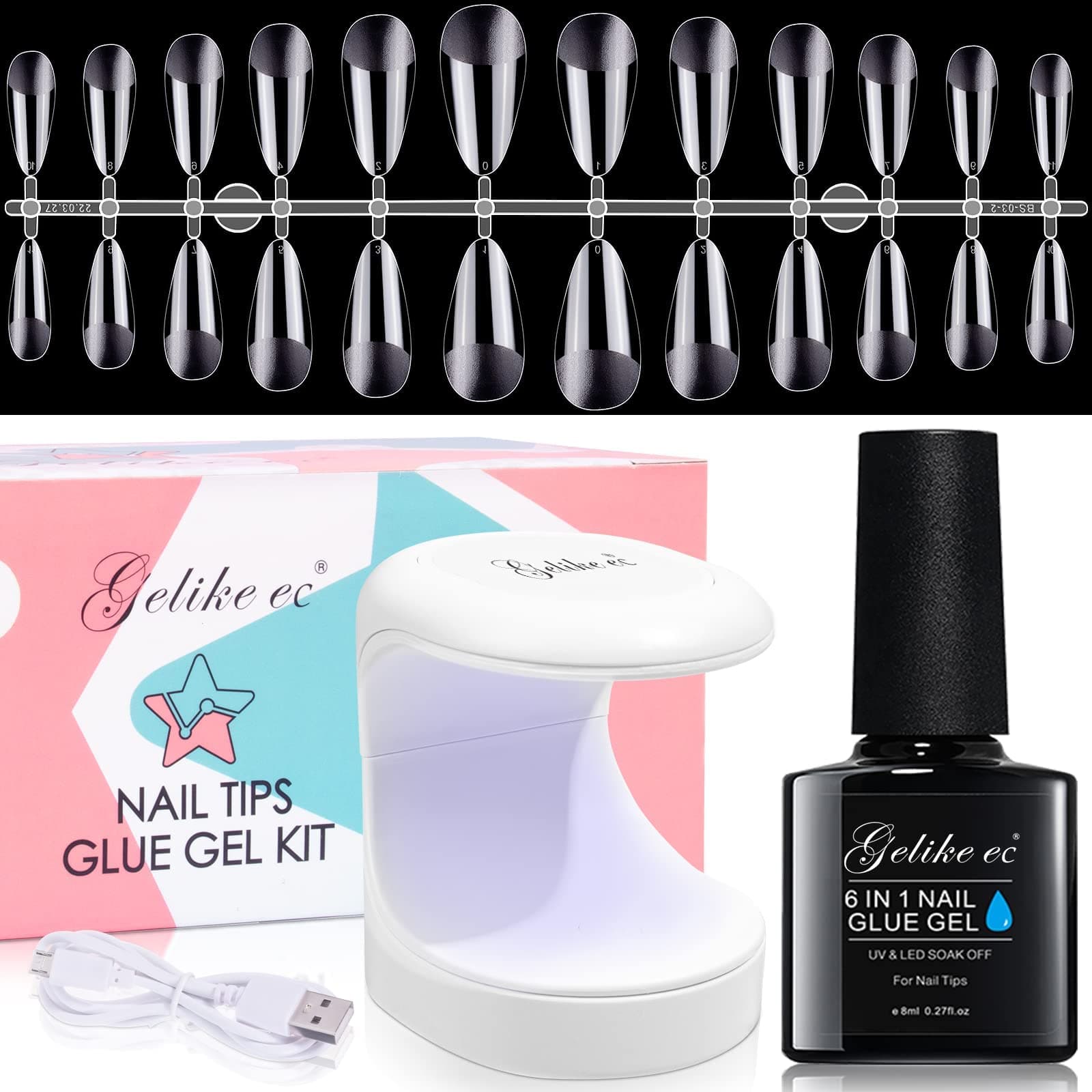 Gelike EC Soft Gel Nail Tip and Glue Gel Kit, Resin Gel X Nail Tips with Full Cover and Etched, Acrylic Nail Extensions Kit with Portable UV Light 240PCS Almond Shape
