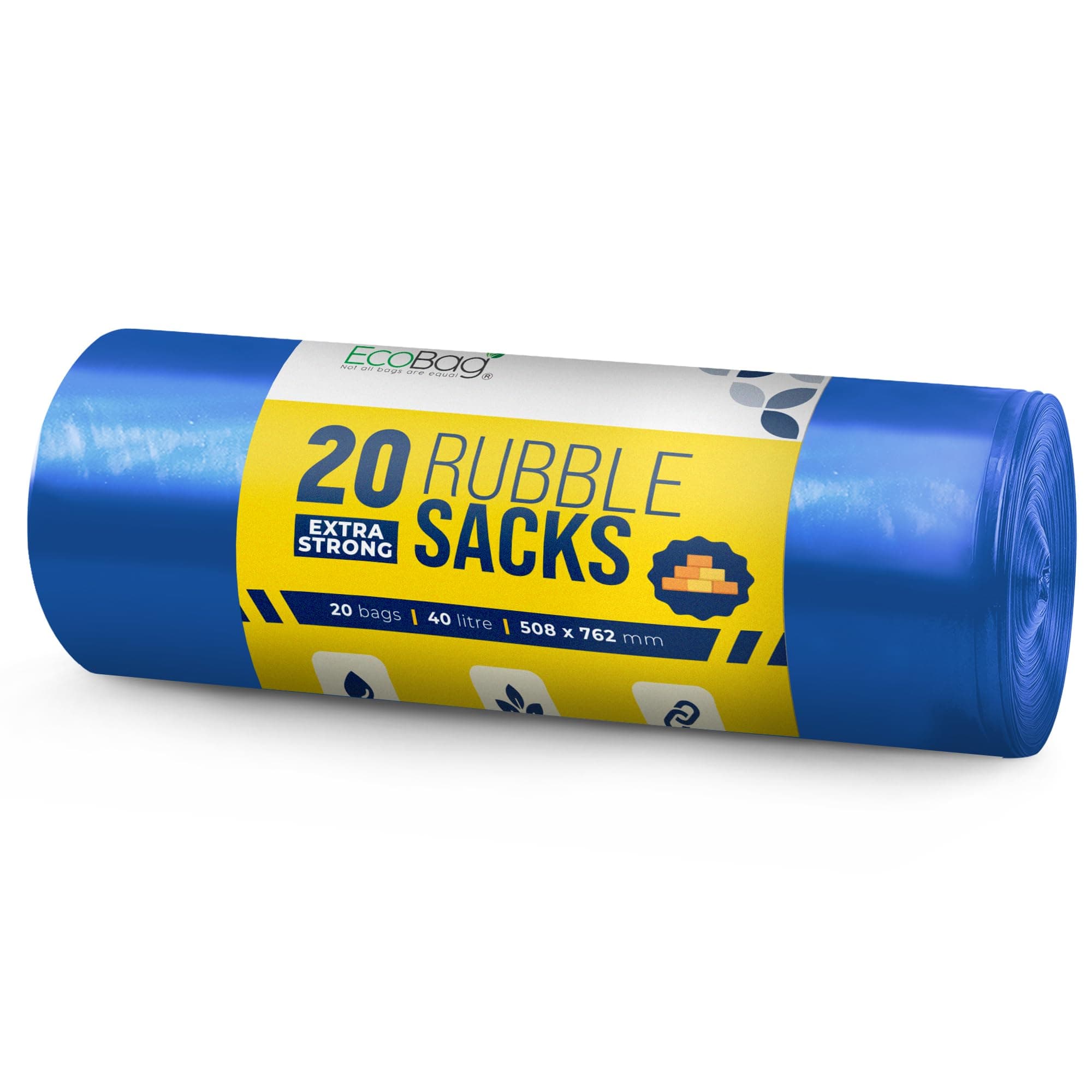 EcoBag 20 Pack Blue Rubble Bags - 40L - 100 Microns - Recyclable Heavy Duty Bin Bags - Leak Resistant Rubble Sacks for Garden, Builders, Caterers, Kitchen, DIY (508 x 762mm)