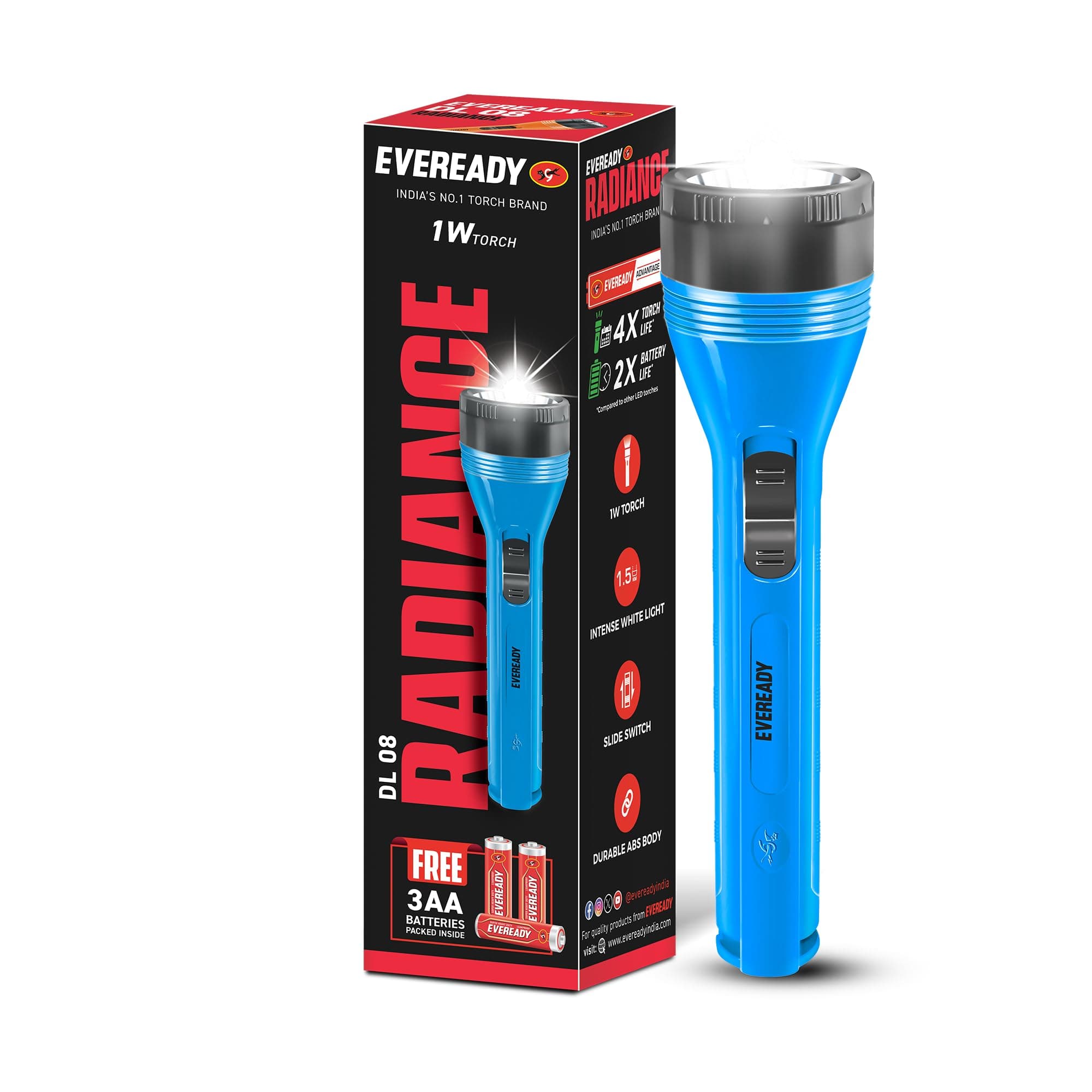 Eveready DL08 Radiance, 1W Emergency Torch, Durable ABS Body, Bright White LED Torch, Powered by 3xAA Batteries