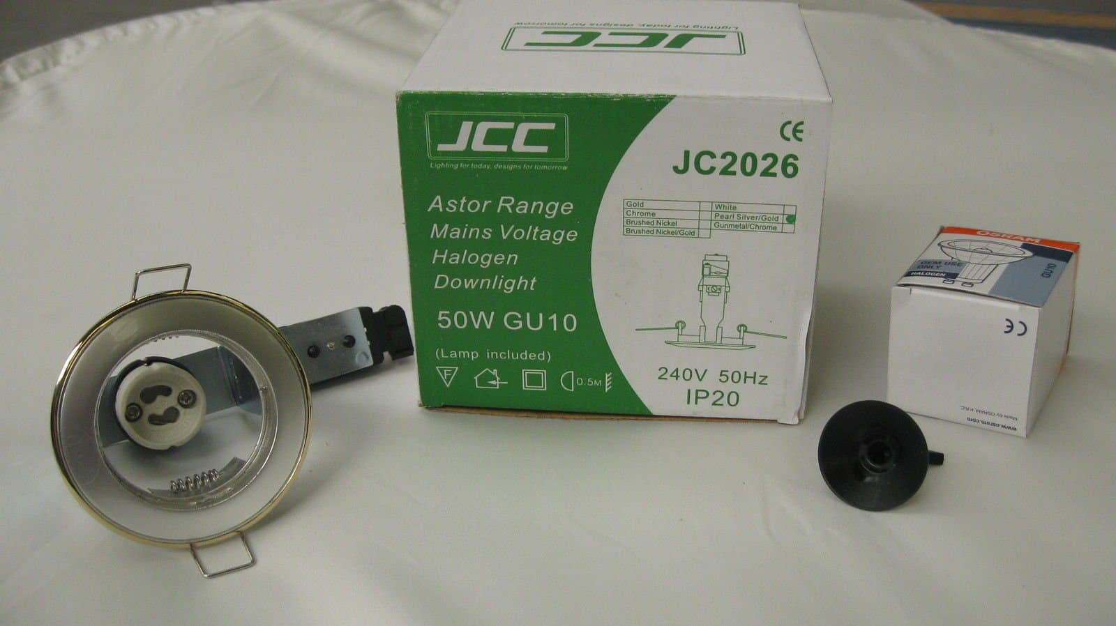 JCC Astor Range Mains Voltage Halogen Downlight, Light, 50W, GU10 IP20, Gold Rim