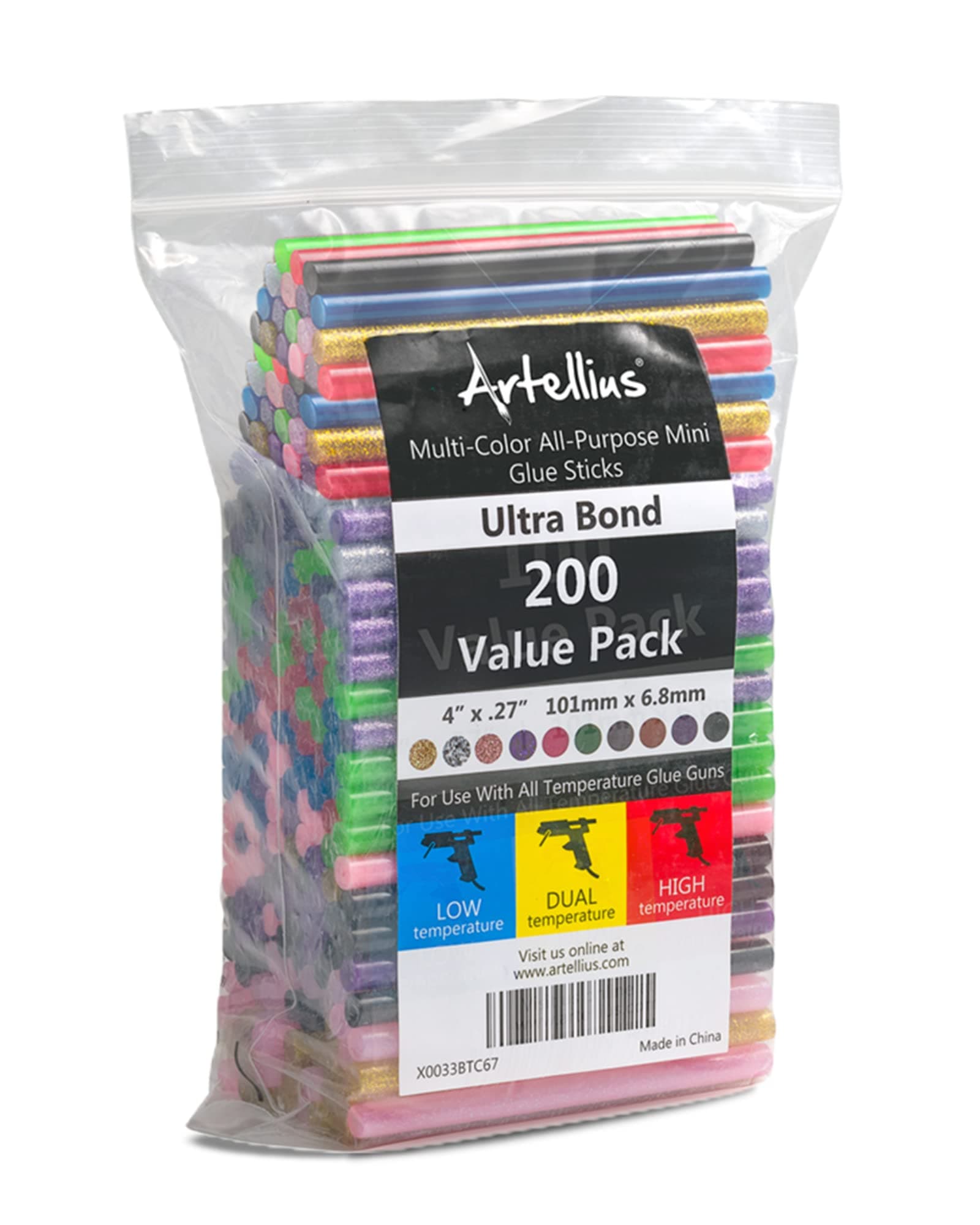 200 Pack Color Hot Glue Sticks. Variety Colored Glue Gun Stick. Hot Melt Adhesive Mini Glues Sticks for DIY Art Craft Repair Bonding Bulk Gold Black Yellow Pink Red Purple