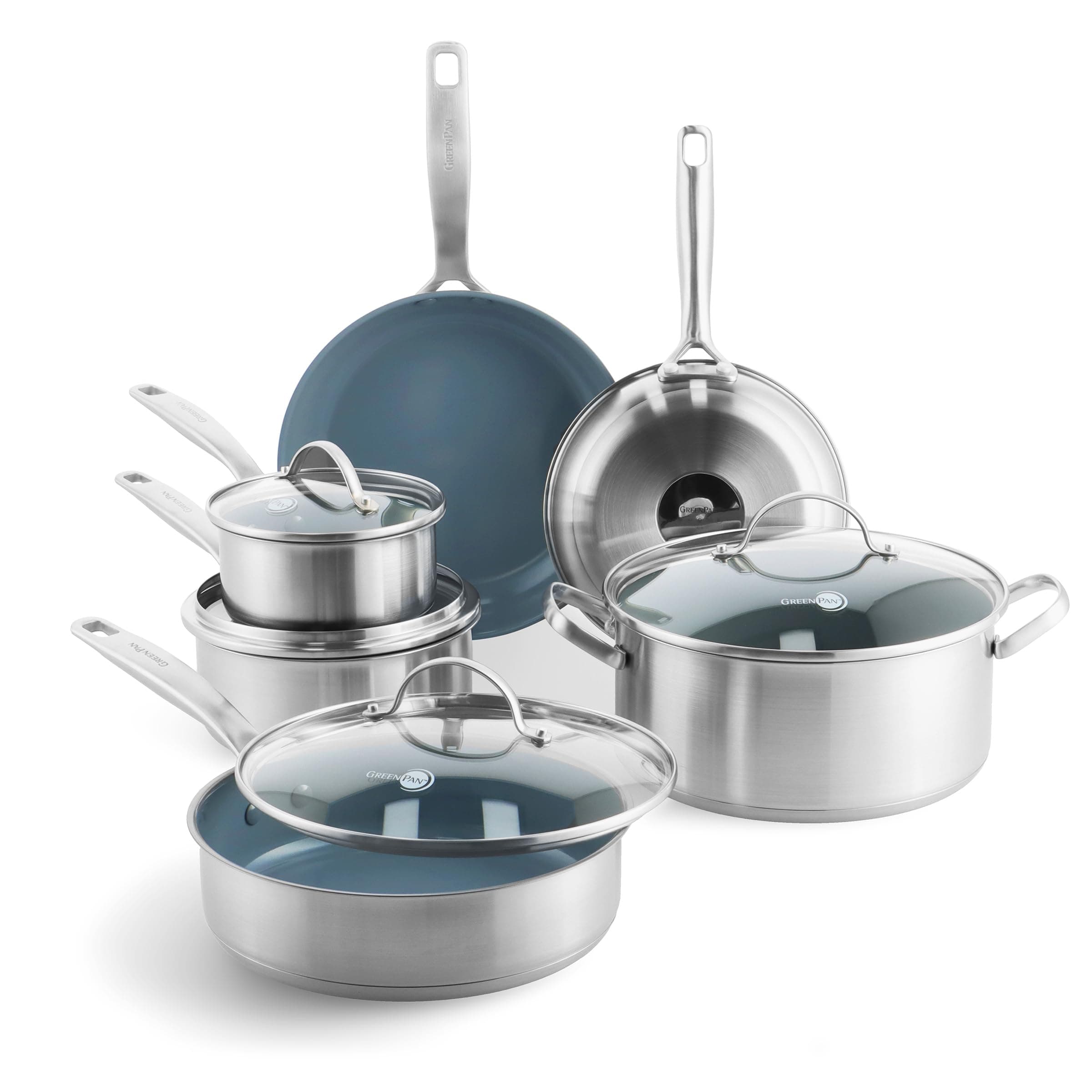 GreenPan Treviso 10 Piece Cookware Set, Non-Toxic PFAS-Free Stainless Steel Ceramic Nonstick Coating, Induction Suitable, Pots, Pans Lids, Sauté & Saucepans, Multi Clad, Dishwasher & Oven Safe