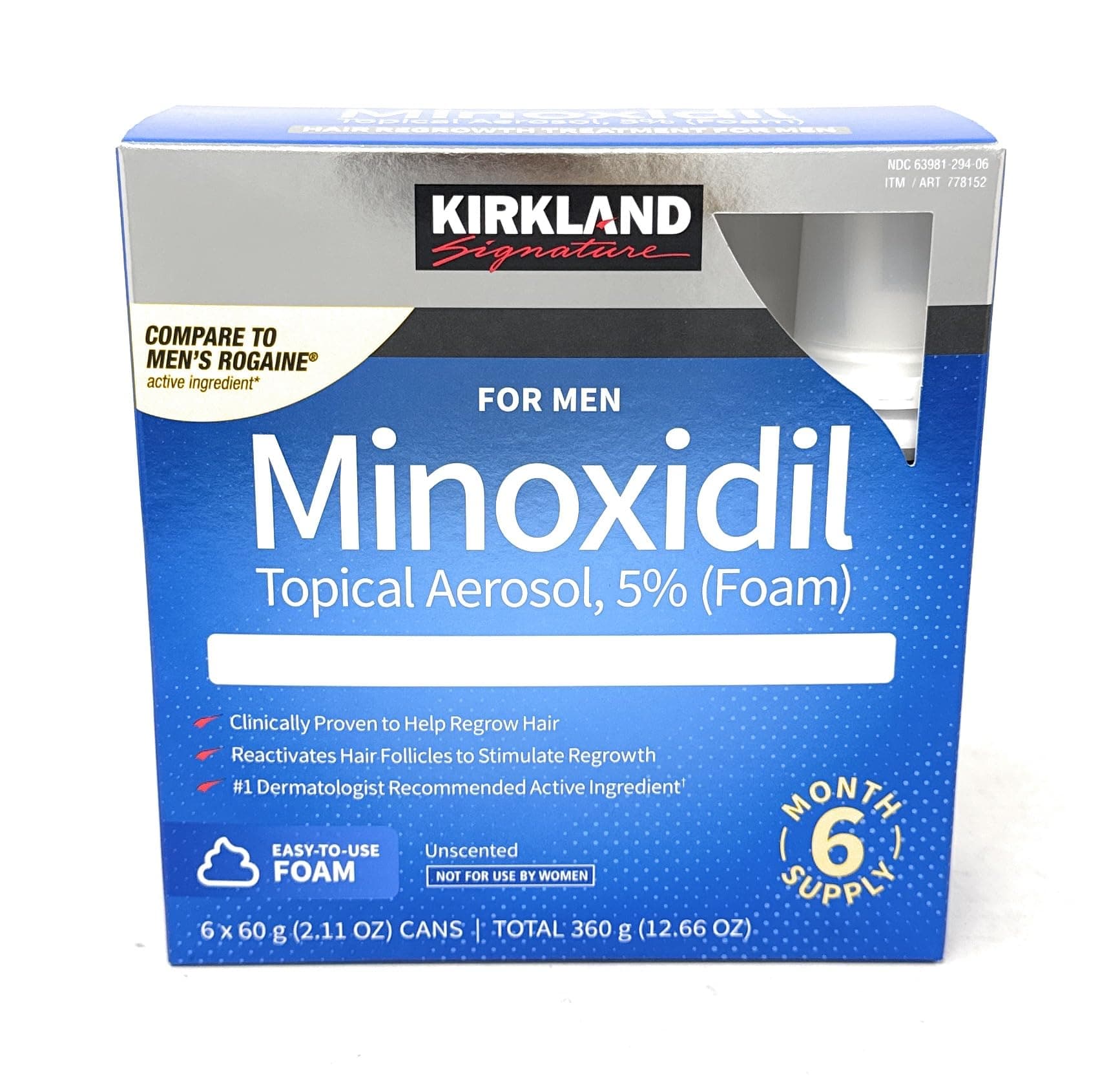 Kirkland Signature Hair Regrowth Treatment Minoxidil Foam for Men, 2.11 oz, 6 Count (6 Month Supply)