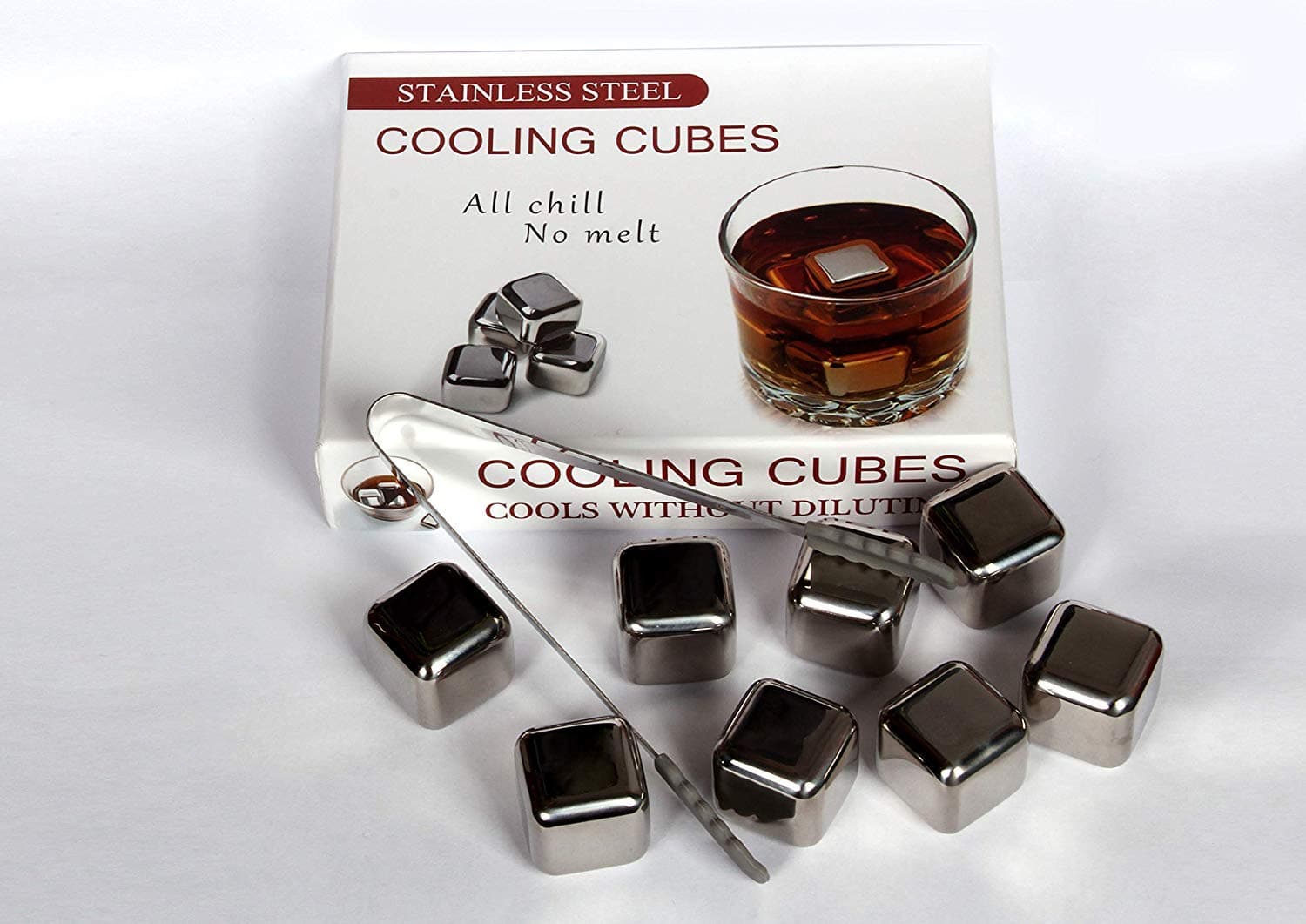 Luv America Stainless Steel Pack 8 Reusable Ice Cube Chilling Stones, Tongs for Whiskey Bourbon Scotch Cocktails Wine Beverages. No-Dilution |Perfect Gift Set for Men Women | Green Cooling Technology