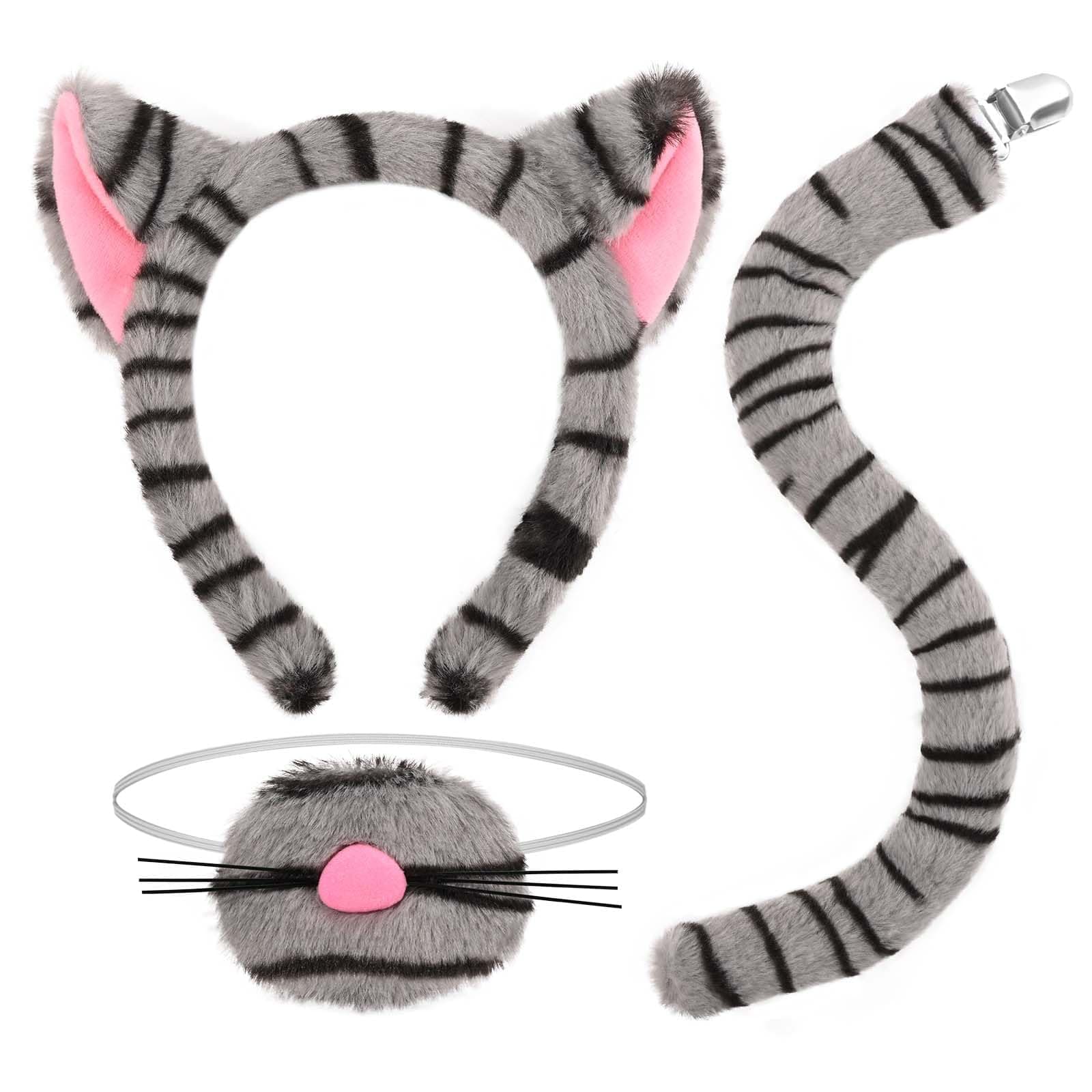 3Pcs Tabby Cat Costume Accessories for Kids with Grey Cat Headband Nose Tail for World Book Day Cosplay Halloween Dress Up