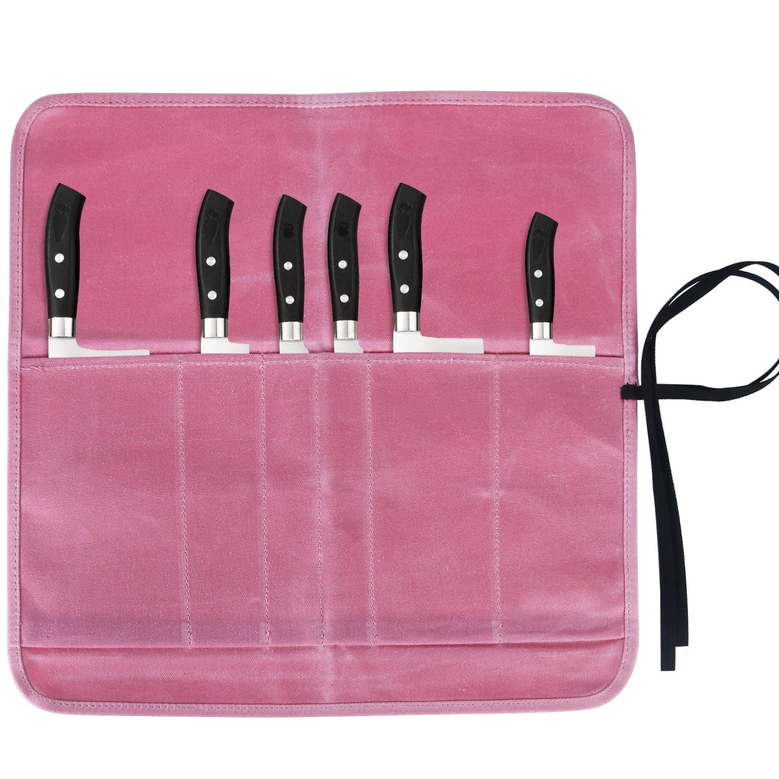 Knife Roll Bag, Chef’s Knife Roll Bag, Heavy Duty Chef Knife Roll Bag with 6 Slots, Waxed Canvas Knife Bag Roll, Knife Pouch Holder for Home Kitchen Travel Camping,Pink