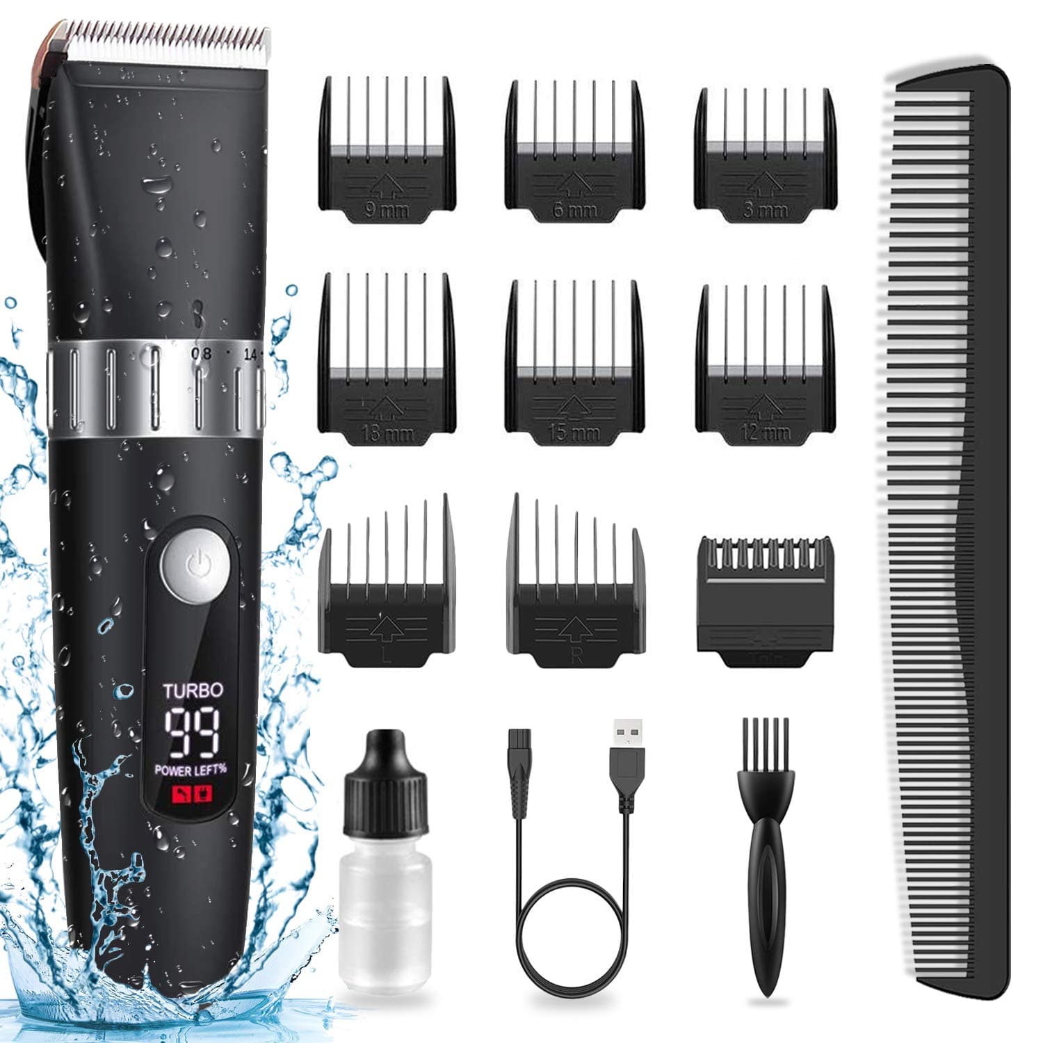 Mens Hair Clippers Cordless, Professional Rechargeable Beard Trimmer Grooming Cutting Machine Kit - Adjustable Precision Blade, 9 Guide Combs for Barbers, LED Display & Waterproof