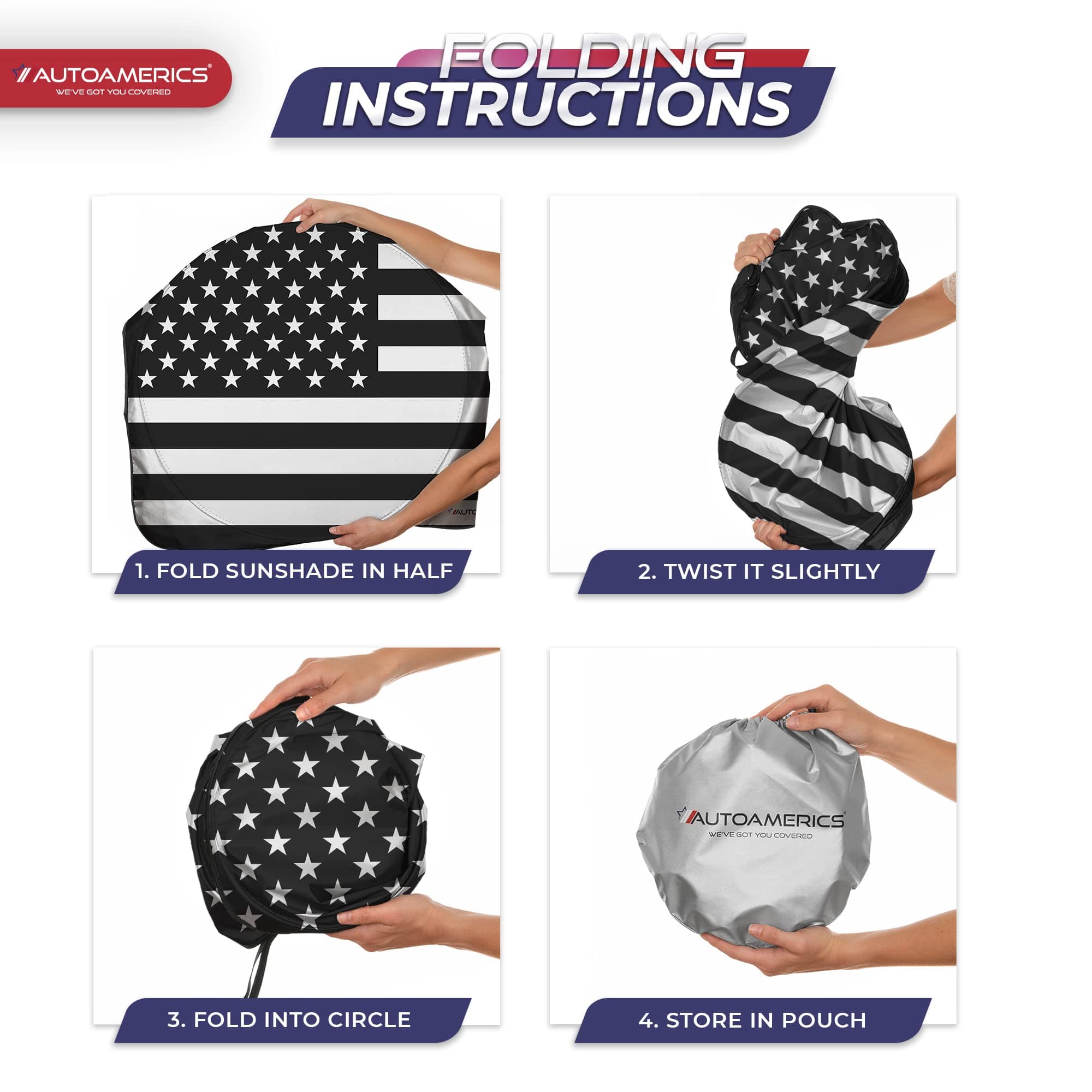 Autoamerics 1-Piece Windshield Sun Shade B&W American Flag USA Patriotic Design - Foldable Car Fits Easily to SUV & Truck Vehicles UV Ray Blocker Keeps Your Vehicle Cool Large