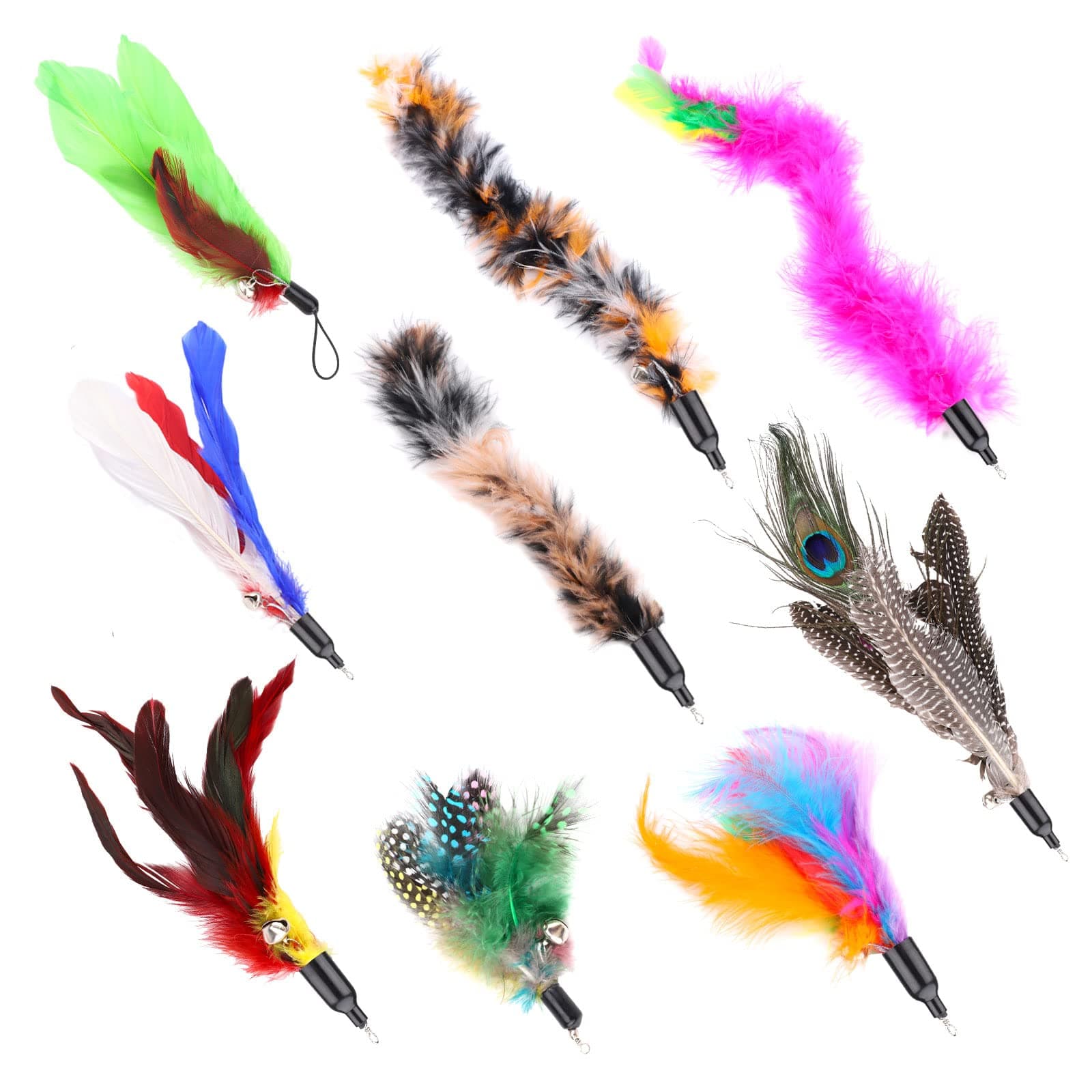 9Pcs Cat Feature Toys w/ Feather Refill - Spinning & Retractable Cat Teaser Toys