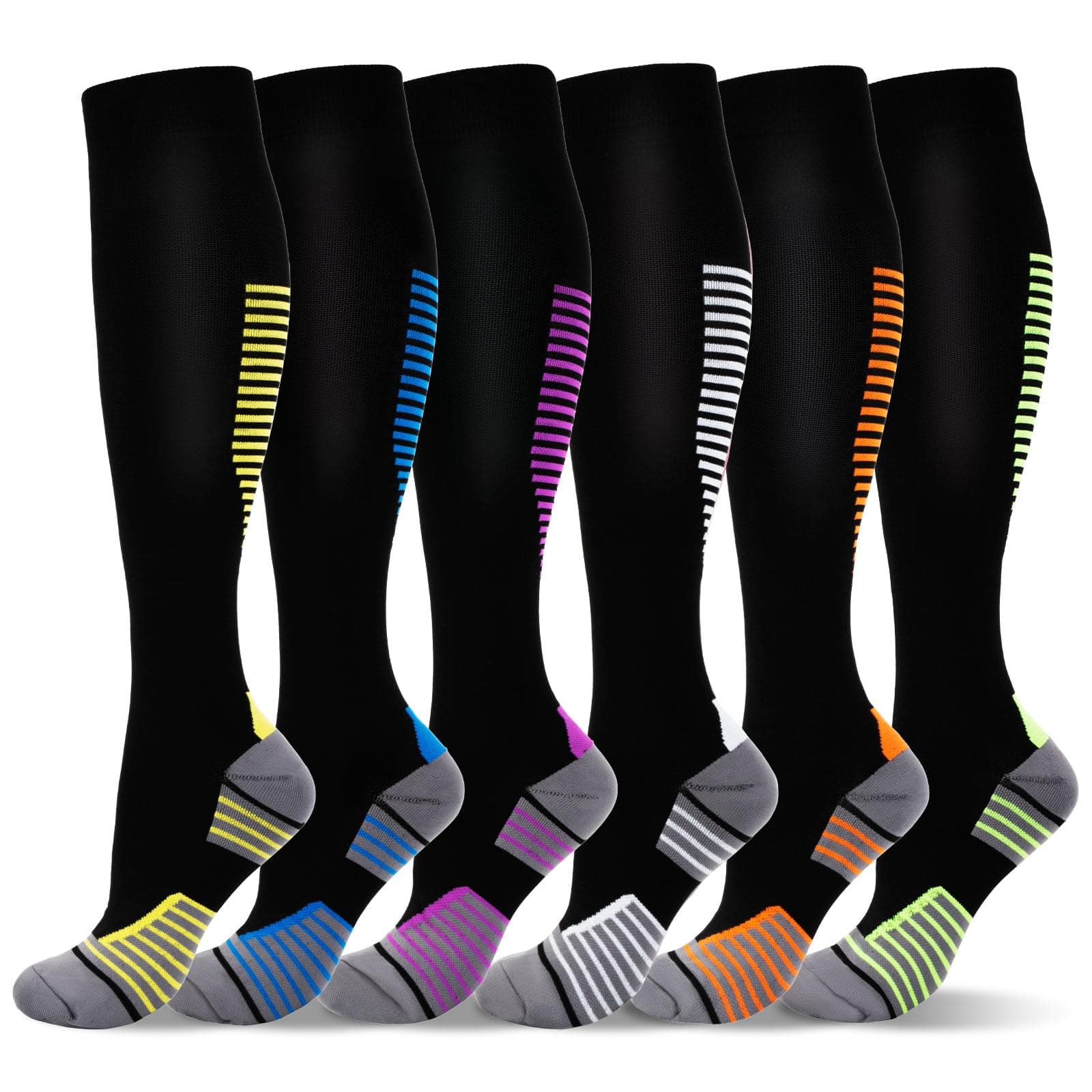 LEOSTEP 6 Pairs Compression Socks for Men & Women, Everyday Support for Travel, Work & Active Lifestyle, Comfortable Breathable Stockings Hiking Travel & Flight Socks