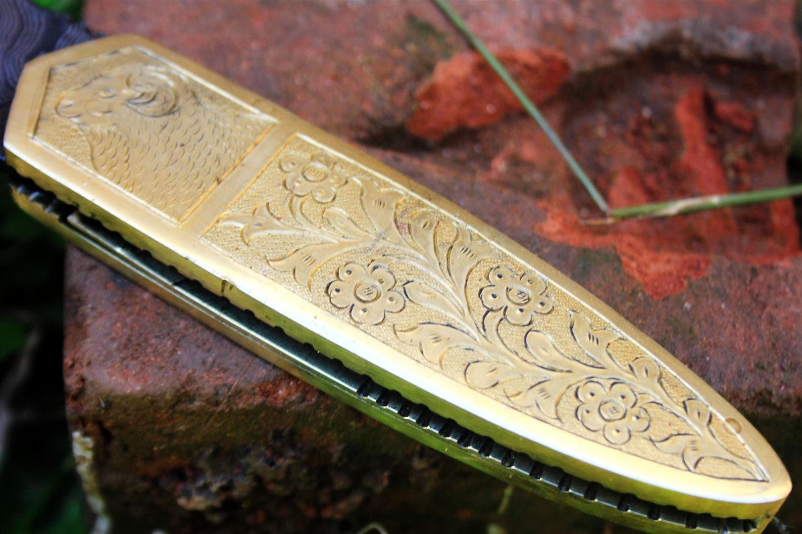 (15 7/18) DKC-46 Golden RAM (Medium) Damascus Folding Pocket Knife Polished Brass 5" Folded, 8.5" Open, 12oz Custom Engraved