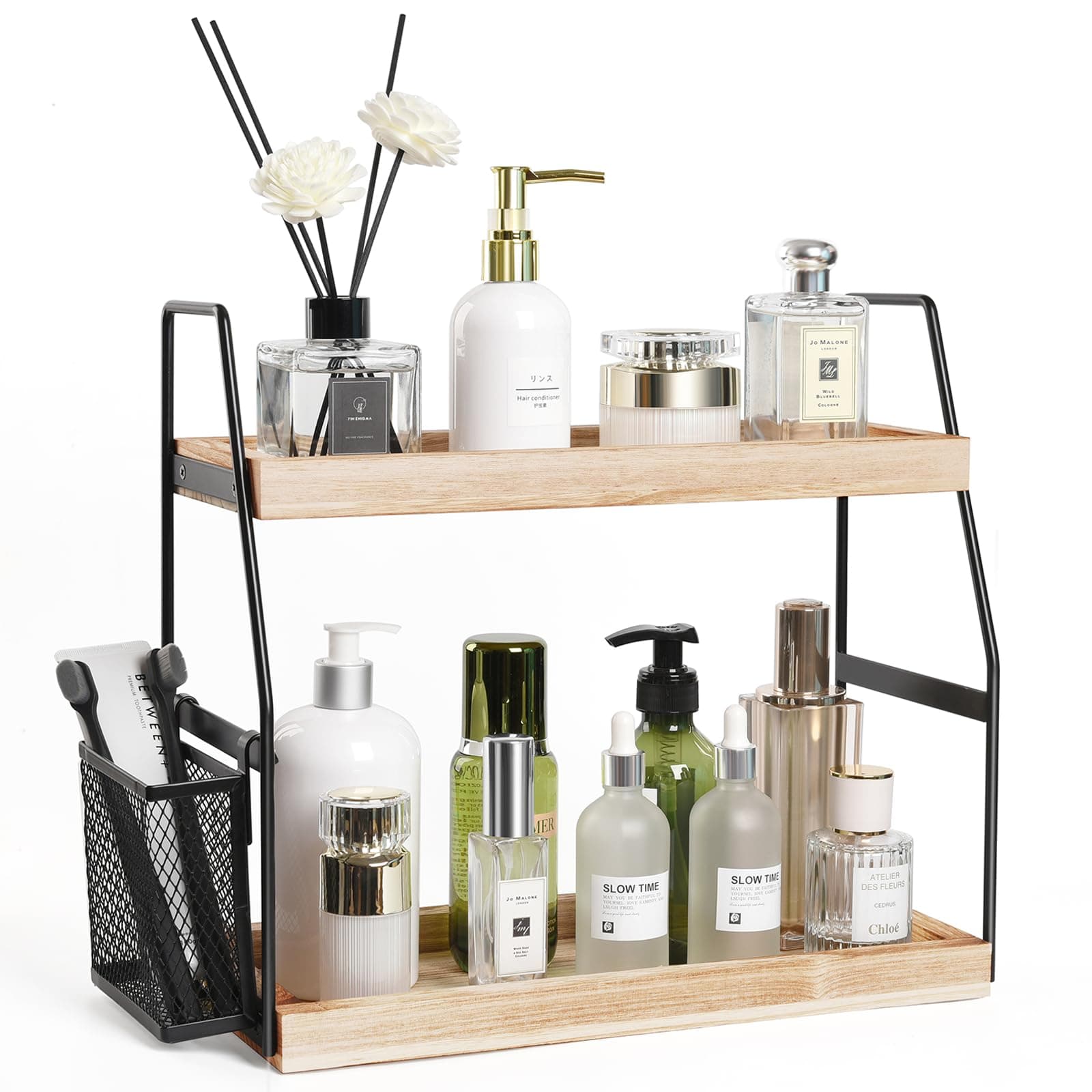 Bathroom Counter Organizer, 2-Tier Standing Storage Shelf with Basket, Wood Tray for Skincare Vanity Organizer(Black)